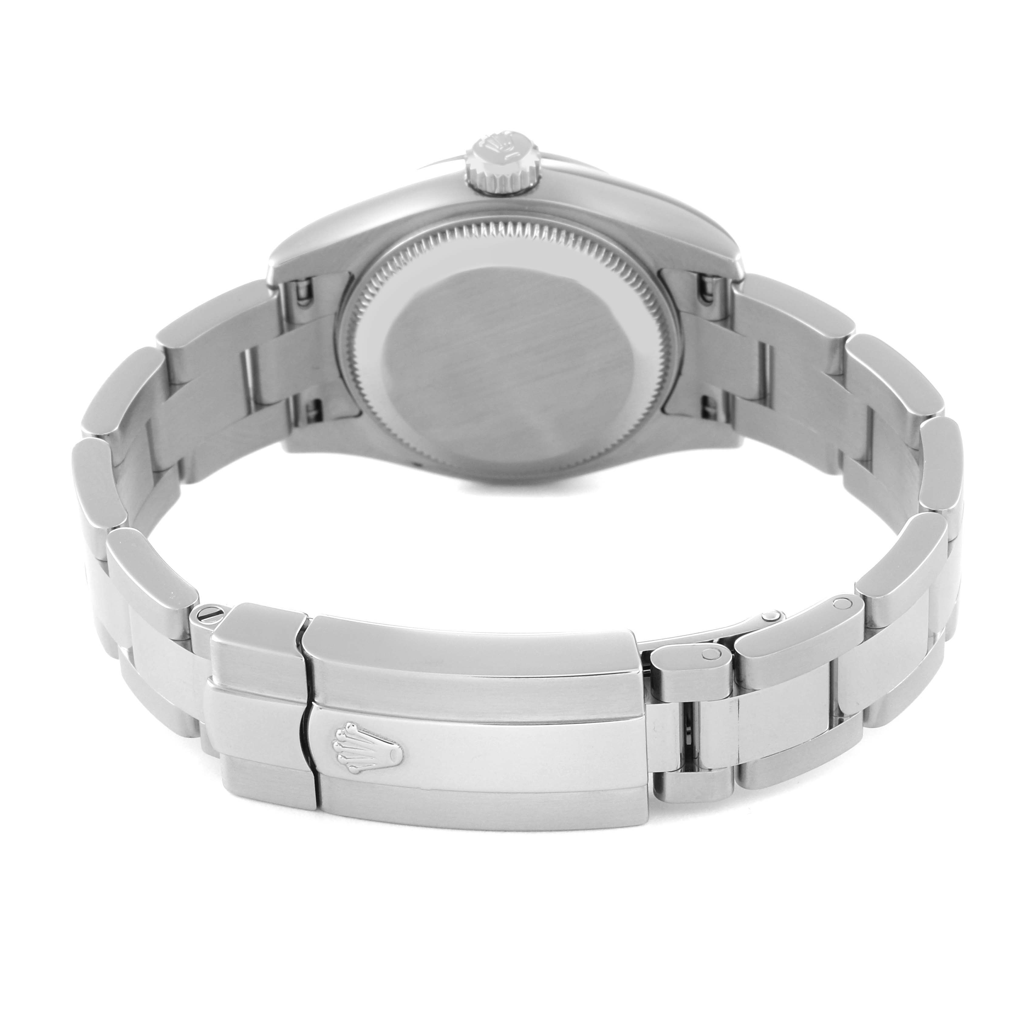 The image shows the back view of a Rolex Datejust 179160 Women's Stainless Steel White Dial 179160 Women's Stainless Steel White Dial watch, including the clasp and the case back.