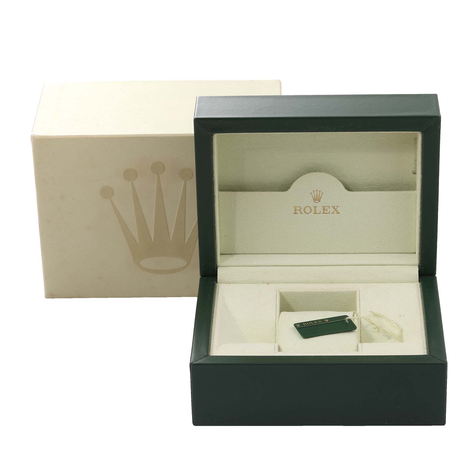 The image shows an empty Rolex Datejust 179160 Women's Stainless Steel White Dial 179160 Women's Stainless Steel White Dial watch box with its lid open, highlighting the branded interior and a small tag.