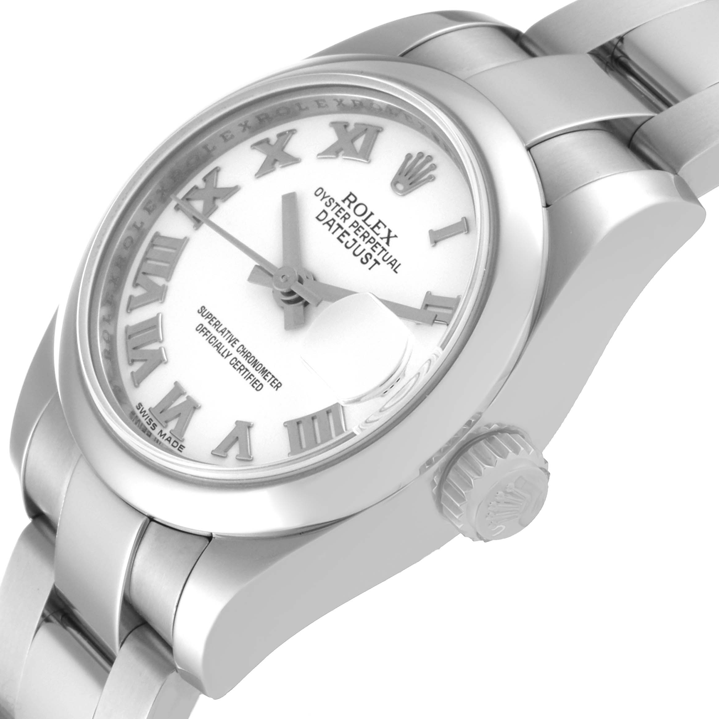 This image shows a close-up angled view of the Rolex Datejust 179160 Women's Stainless Steel White Dial 179160 Women's Stainless Steel White Dial watch, highlighting the face, crown, and a portion of the bracelet.