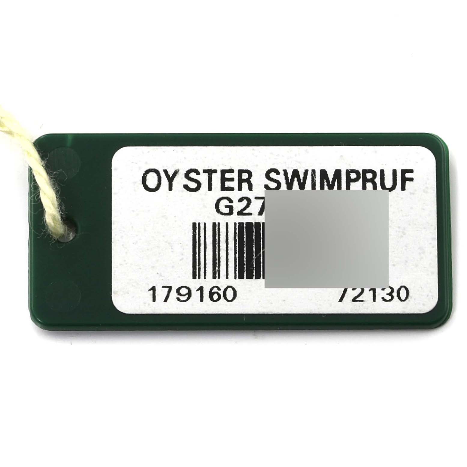 This image shows a green "Oyster Swimpruf" tag for a Rolex Datejust 179160 Women's Stainless Steel White Dial 179160 Women's Stainless Steel White Dial watch.