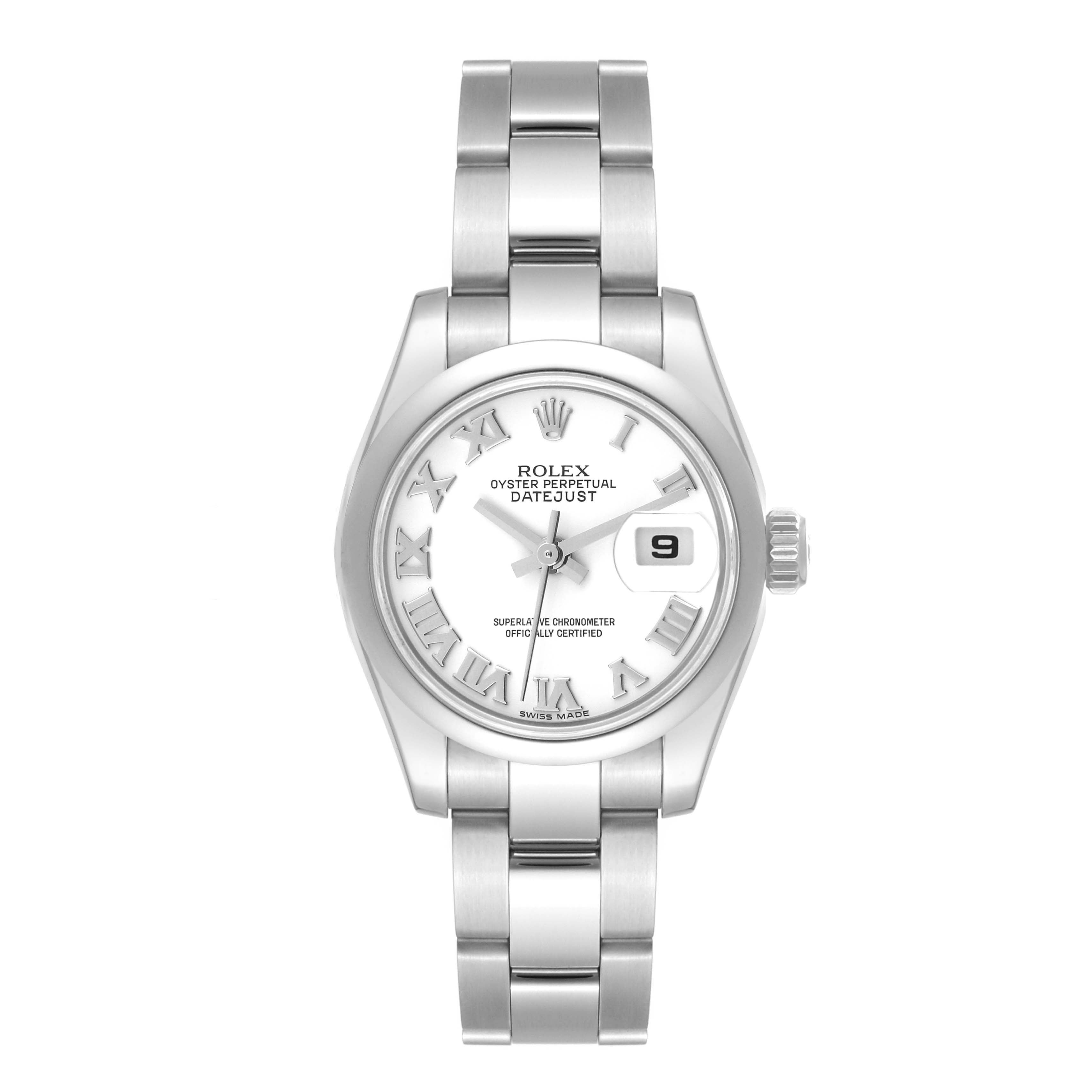 The image shows a front view of a Rolex Datejust 179160 Women's Stainless Steel White Dial 179160 Women's Stainless Steel White Dial watch, displaying its face, bracelet, and crown.