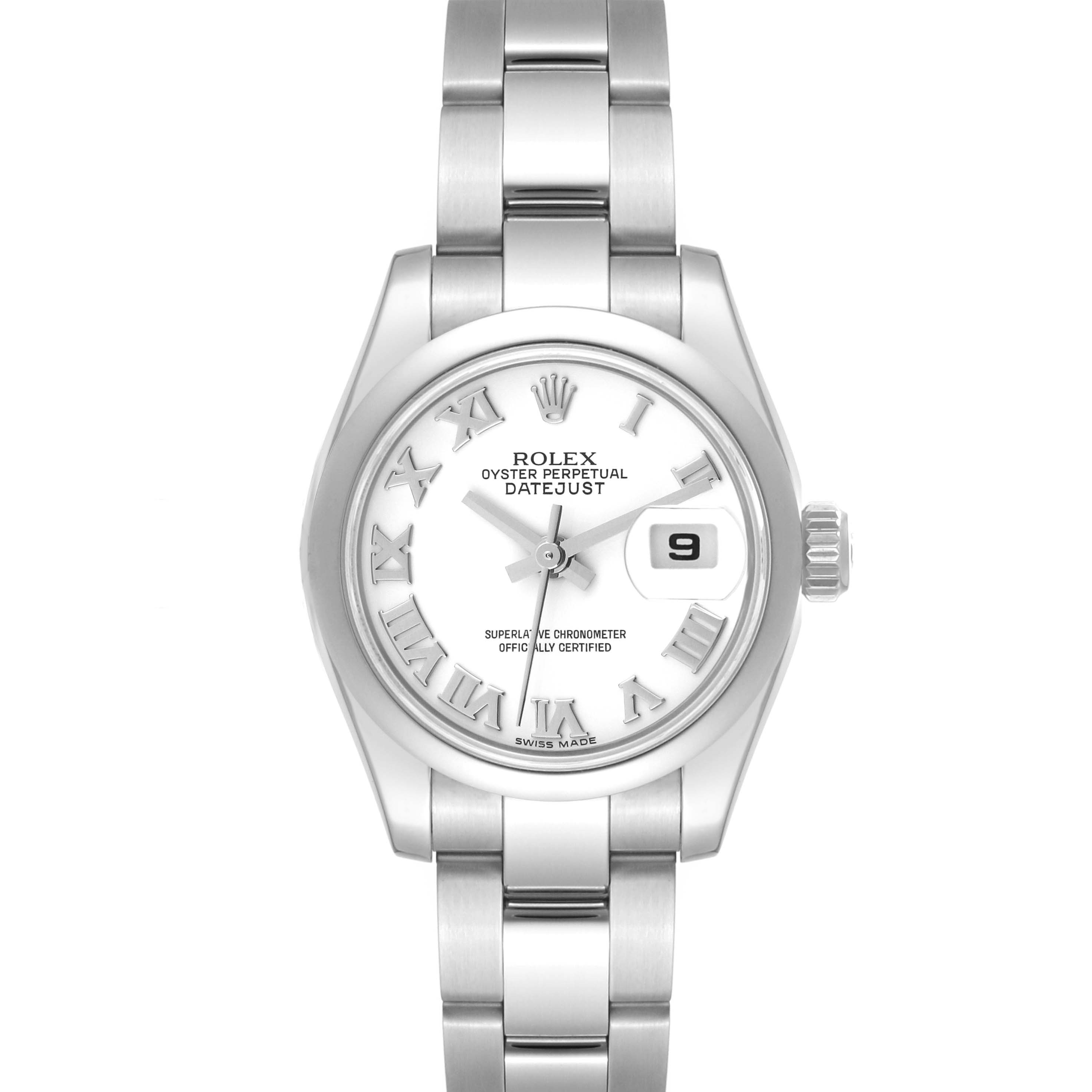 The image shows a frontal view of the Rolex Datejust 179160 Women's Stainless Steel White Dial 179160 Women's Stainless Steel White Dial watch, displaying its face, bracelet, and date window.