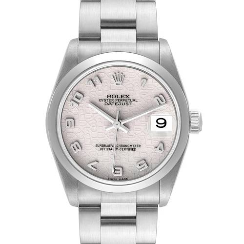 The Rolex Mid-Size model is shown from the front, displaying the dial, bracelet, and date window.