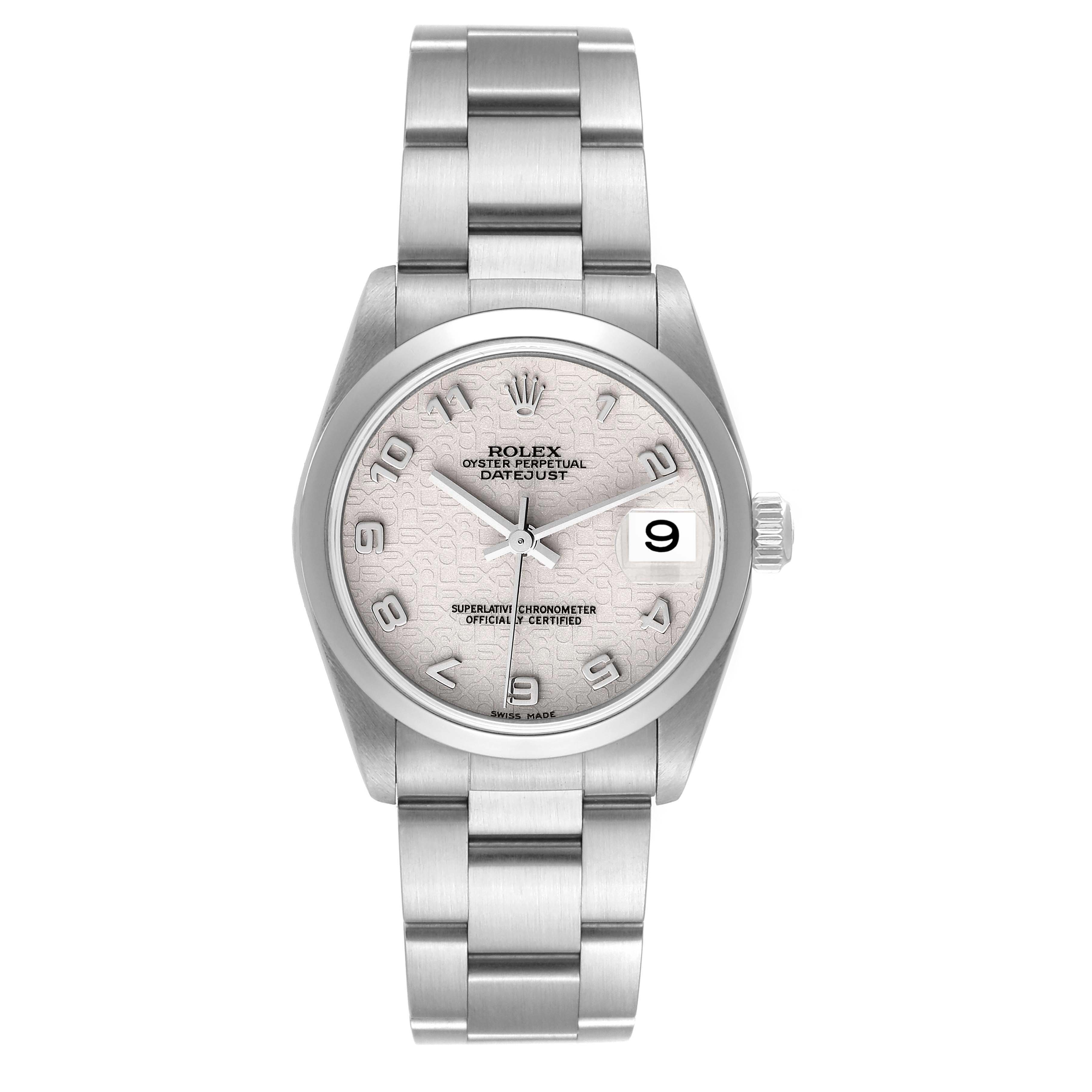 The image shows a front view of a Mid-Size Rolex Datejust watch, displaying the dial and bracelet.