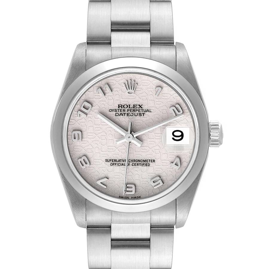 The Rolex Oyster Perpetual Datejust mid-size model is shown from the front, displaying the dial, hands, date, and bracelet.