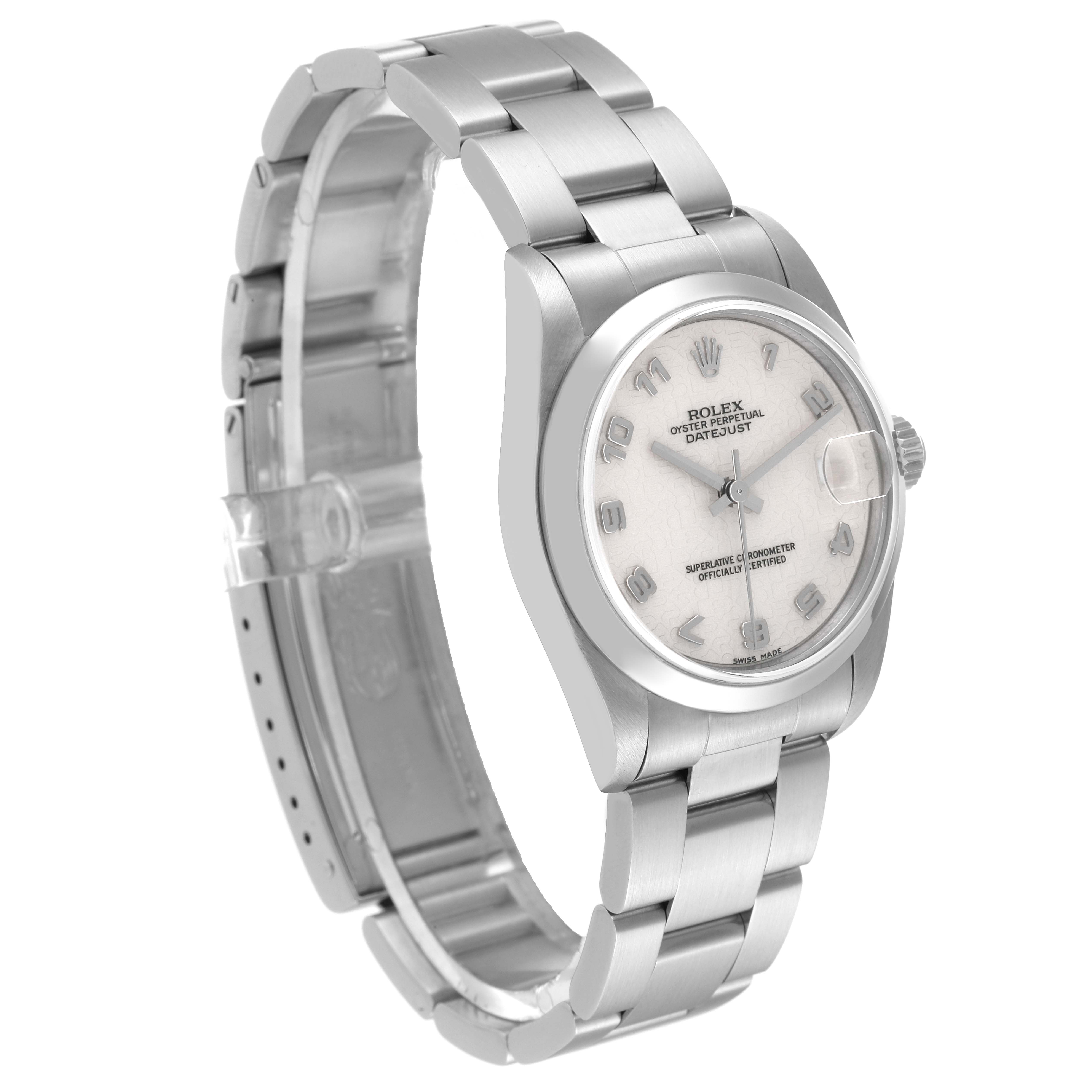 The image shows a side-angle view of a Rolex Mid-Size 78240 Women's Stainless Steel Silver Dial 78240 Women's Stainless Steel Silver Dial model watch, displaying the case, bracelet, and dial.