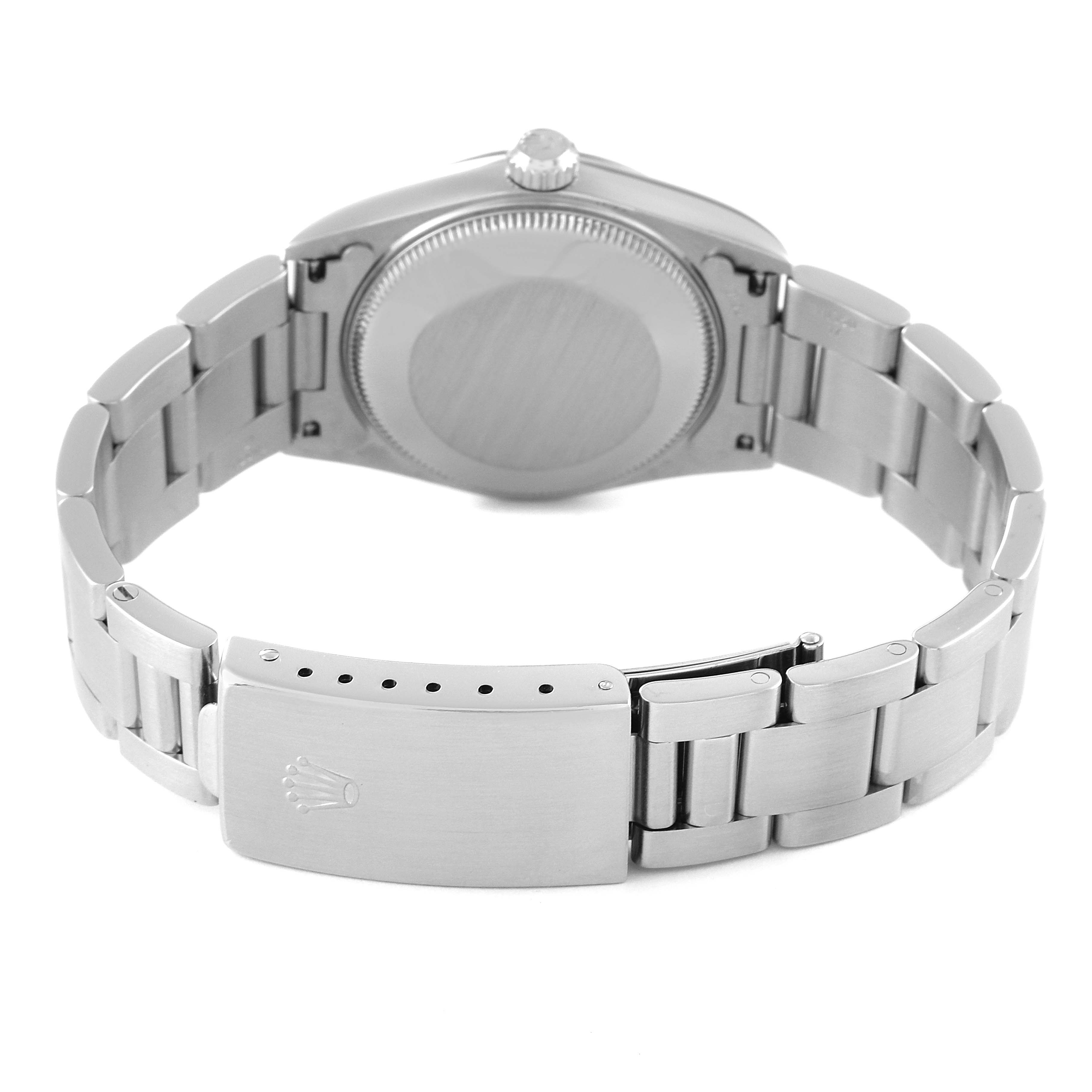 This image shows the back case and bracelet clasp of a Mid-Size Rolex watch, viewed from the rear.