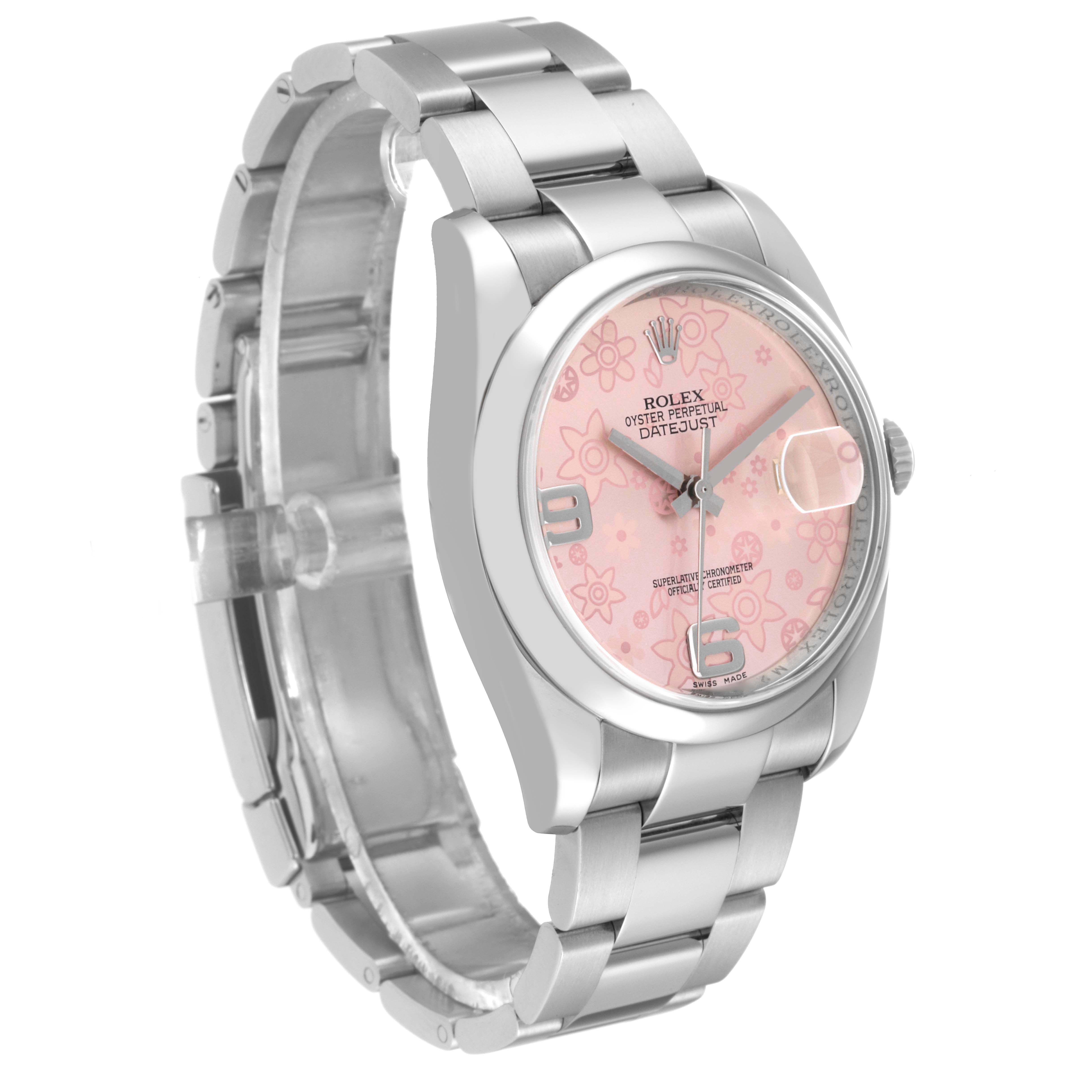 The Rolex Datejust 116200 Men's Stainless Steel Pink Dial 116200 Men's Stainless Steel Pink Dial watch is shown at a three-quarter angle, highlighting the band, case, crown, and pink floral dial.