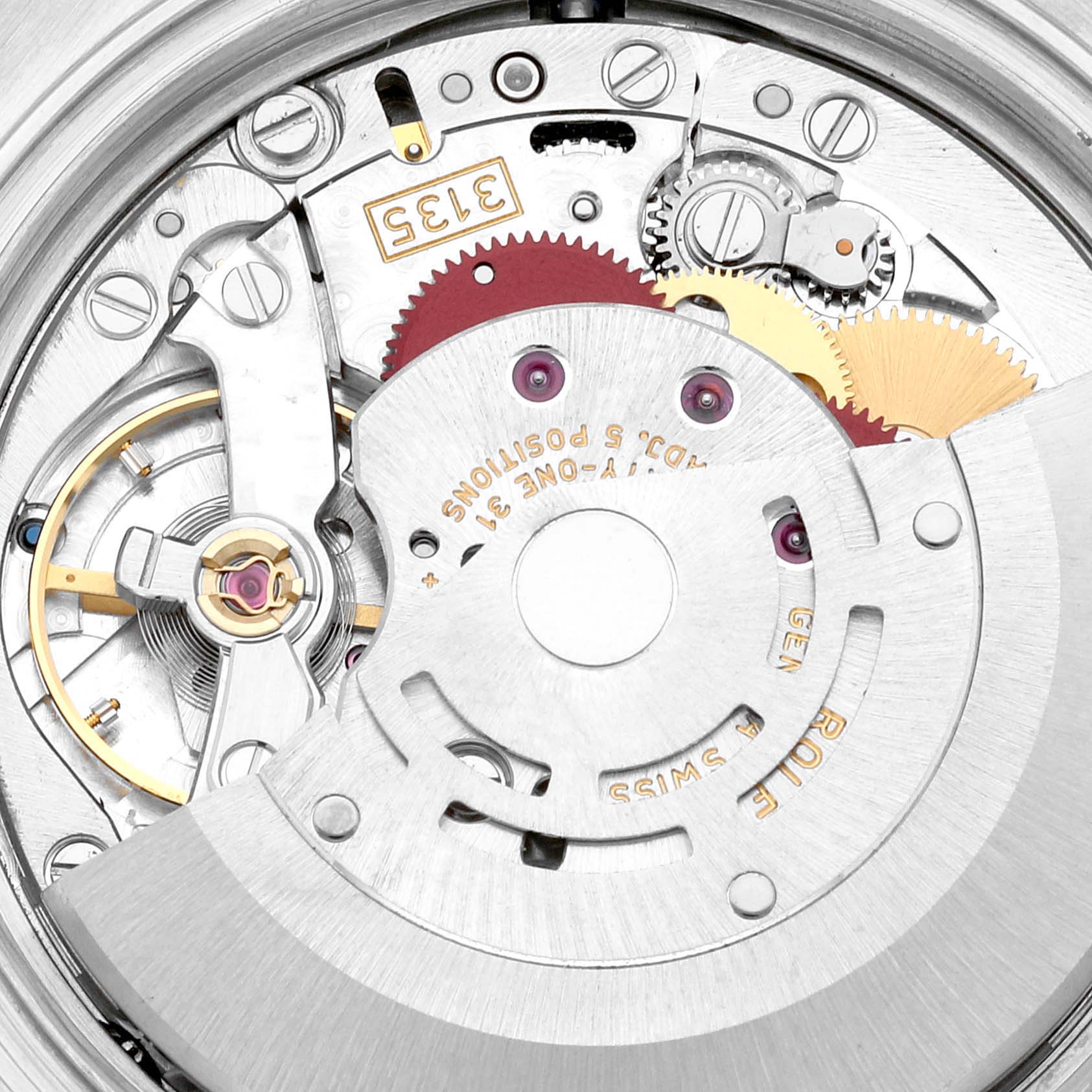 This image shows the internal movement mechanism of a Rolex Datejust 116200 Men's Stainless Steel Pink Dial 116200 Men's Stainless Steel Pink Dial watch, focusing on the gears and rotor.