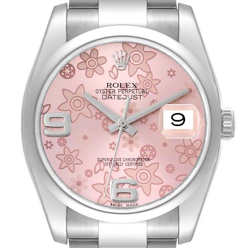Photo of Rolex Datejust 36 Pink Floral Dial Steel Mens Watch 116200 Box Card
