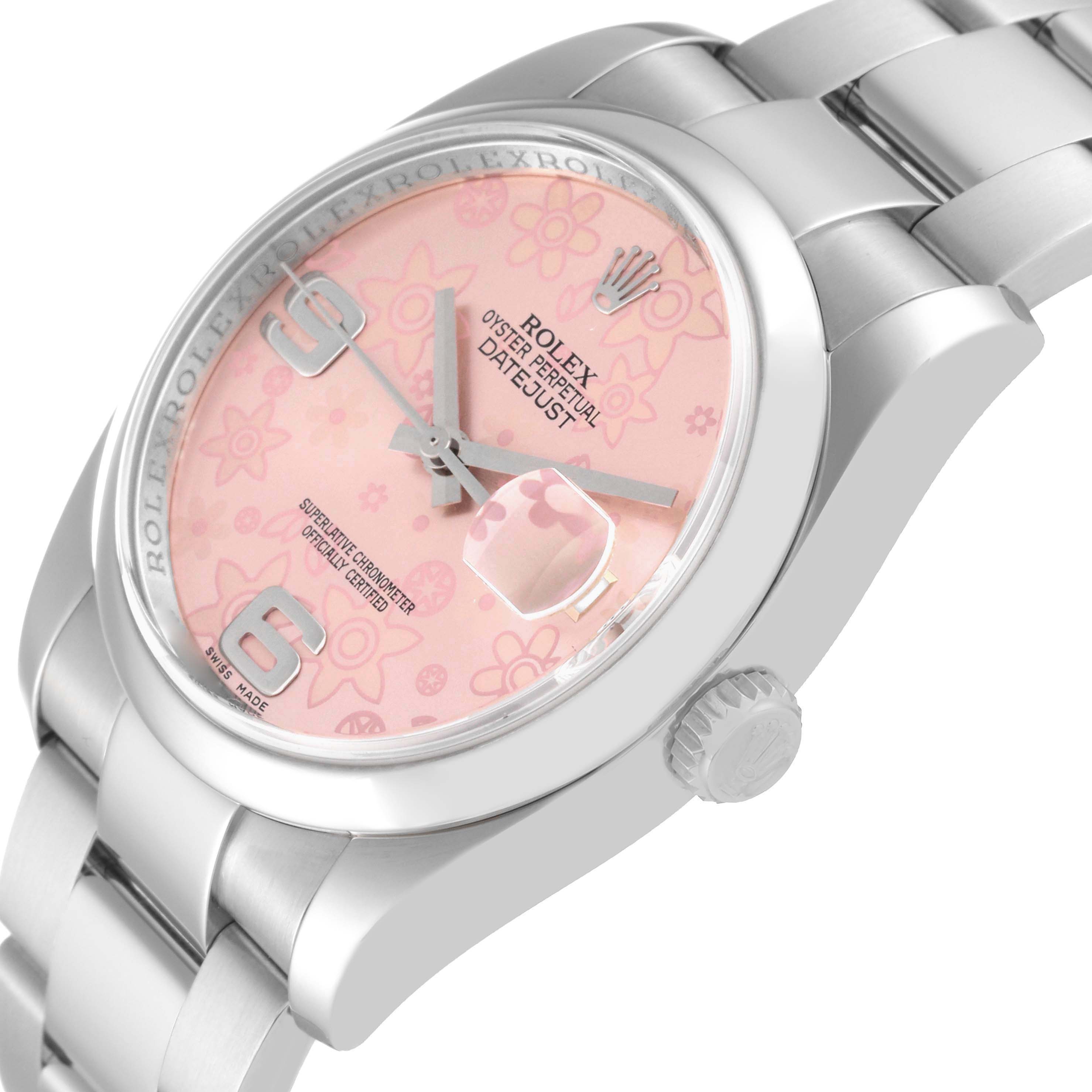 The image shows a side angle of a Rolex Datejust 116200 Men's Stainless Steel Pink Dial 116200 Men's Stainless Steel Pink Dial watch, highlighting the dial, crown, and parts of the bracelet.