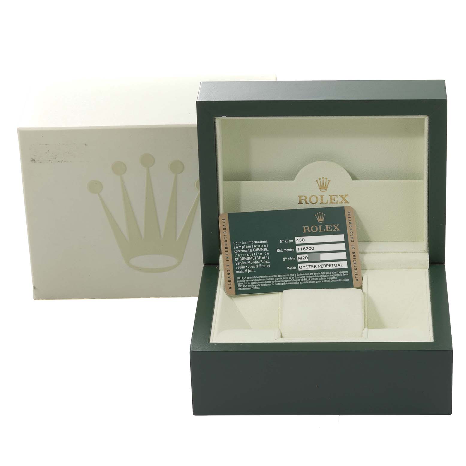 The image shows a Rolex Datejust 116200 Men's Stainless Steel Pink Dial 116200 Men's Stainless Steel Pink Dial watch box and warranty card, with the box lid open.