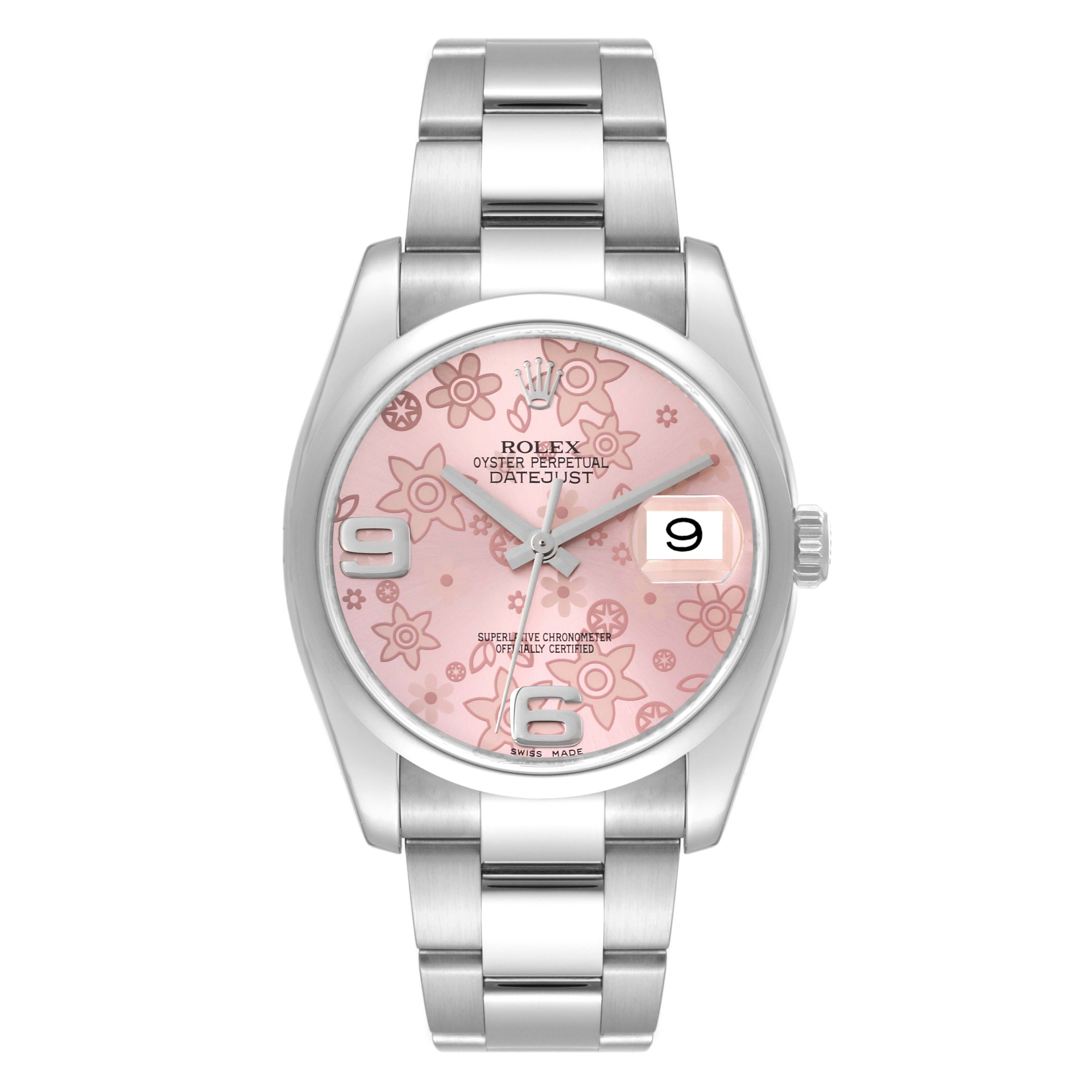 This Rolex Datejust 116200 Men's Stainless Steel Pink Dial 116200 Men's Stainless Steel Pink Dial watch is shown from the front, highlighting the pink floral dial and stainless steel bracelet.
