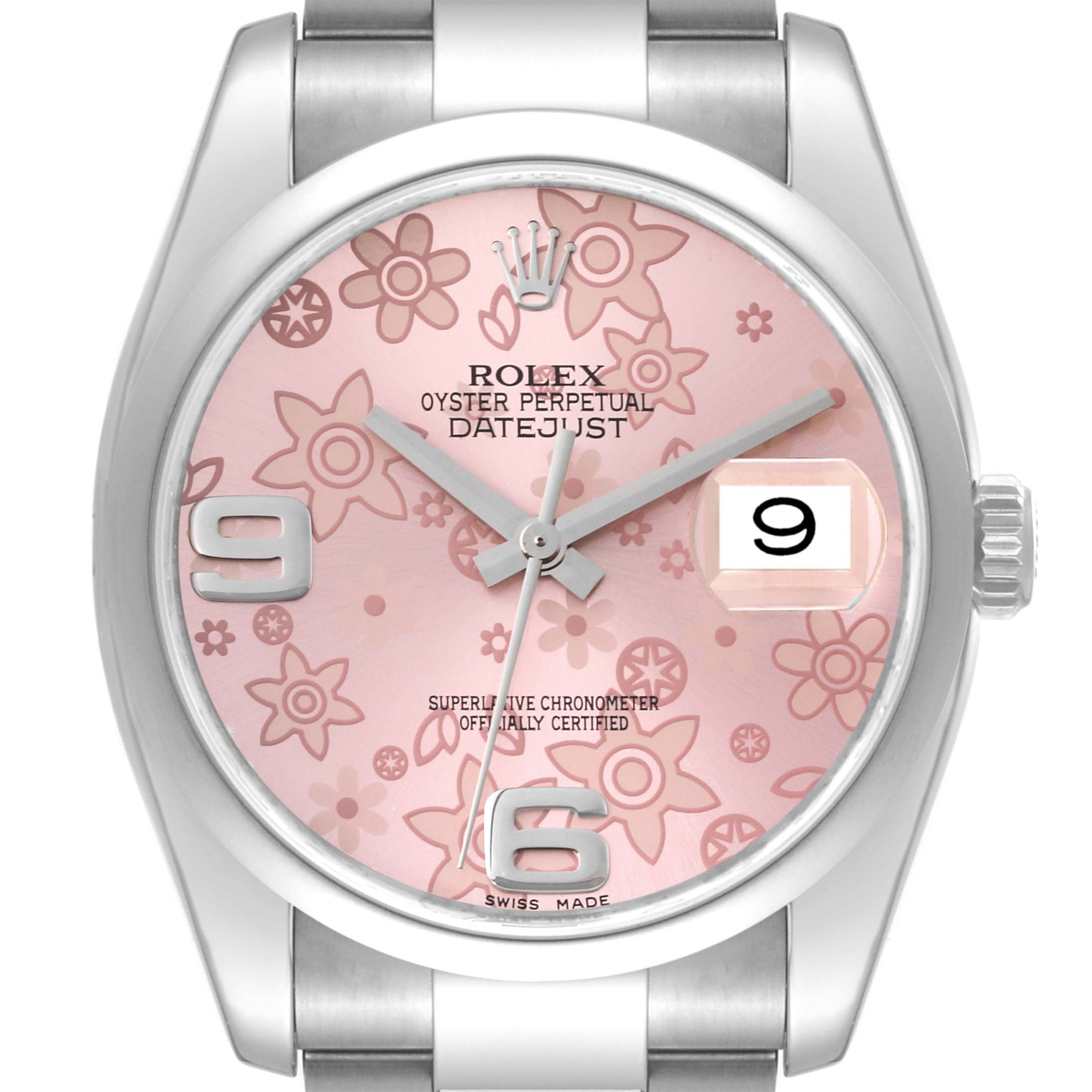 The image shows a front view of the Rolex Datejust 116200 Men's Stainless Steel Pink Dial 116200 Men's Stainless Steel Pink Dial watch featuring a pink floral dial, date display, and stainless steel case and bracelet.