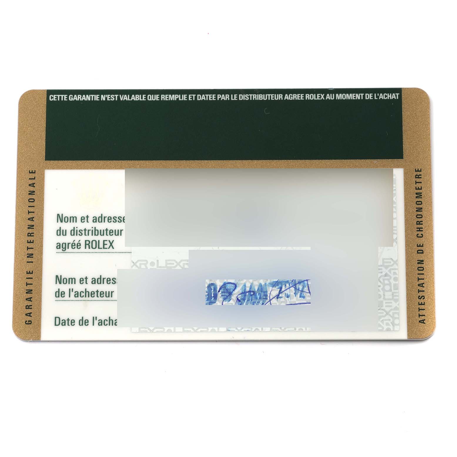 This is the international warranty card for the Rolex Datejust 116200 Men's Stainless Steel Pink Dial 116200 Men's Stainless Steel Pink Dial watch, showing sections for distributor and buyer details.