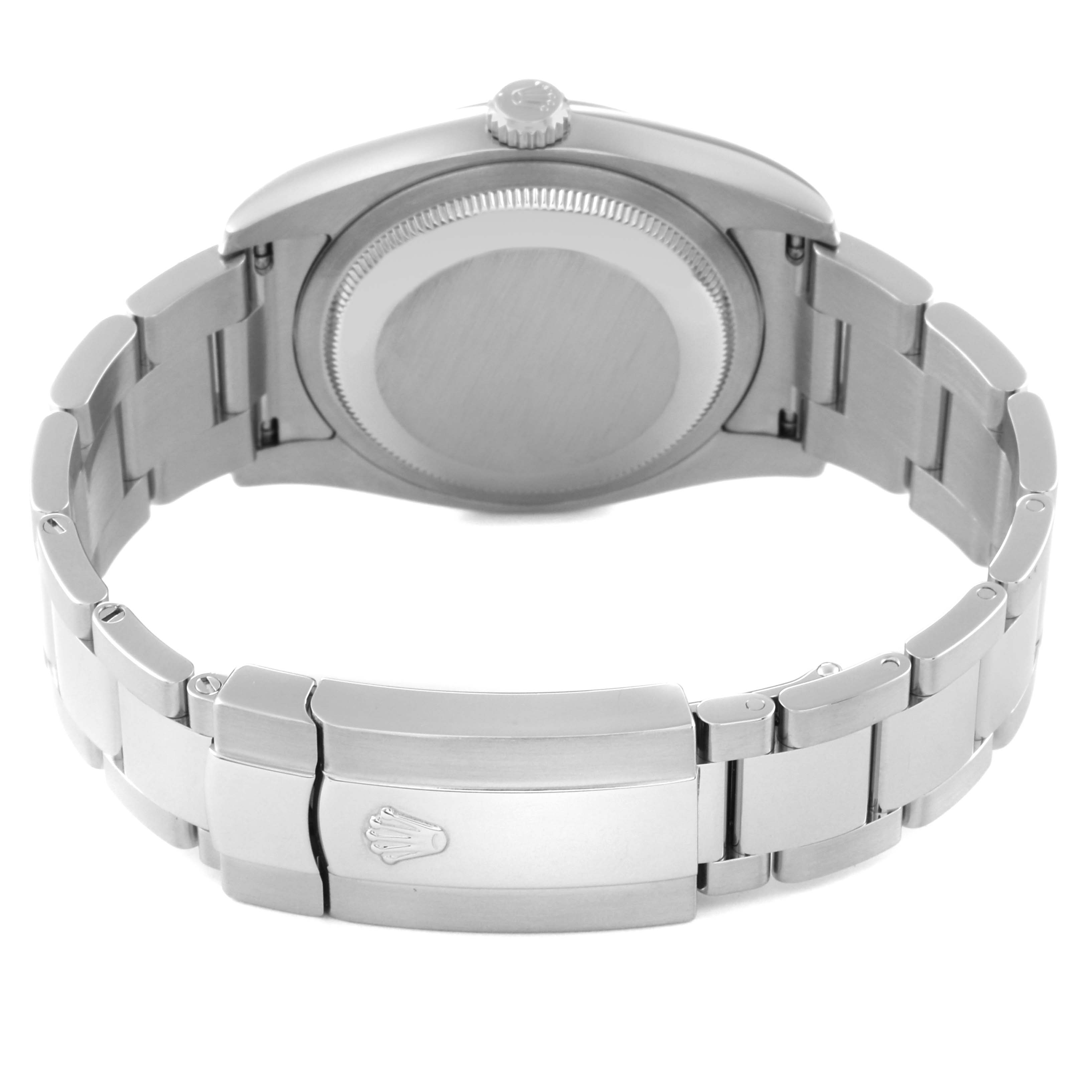 The image shows the back view of a Rolex Datejust 116200 Men's Stainless Steel Pink Dial 116200 Men's Stainless Steel Pink Dial watch, highlighting the clasp and stainless-steel bracelet.