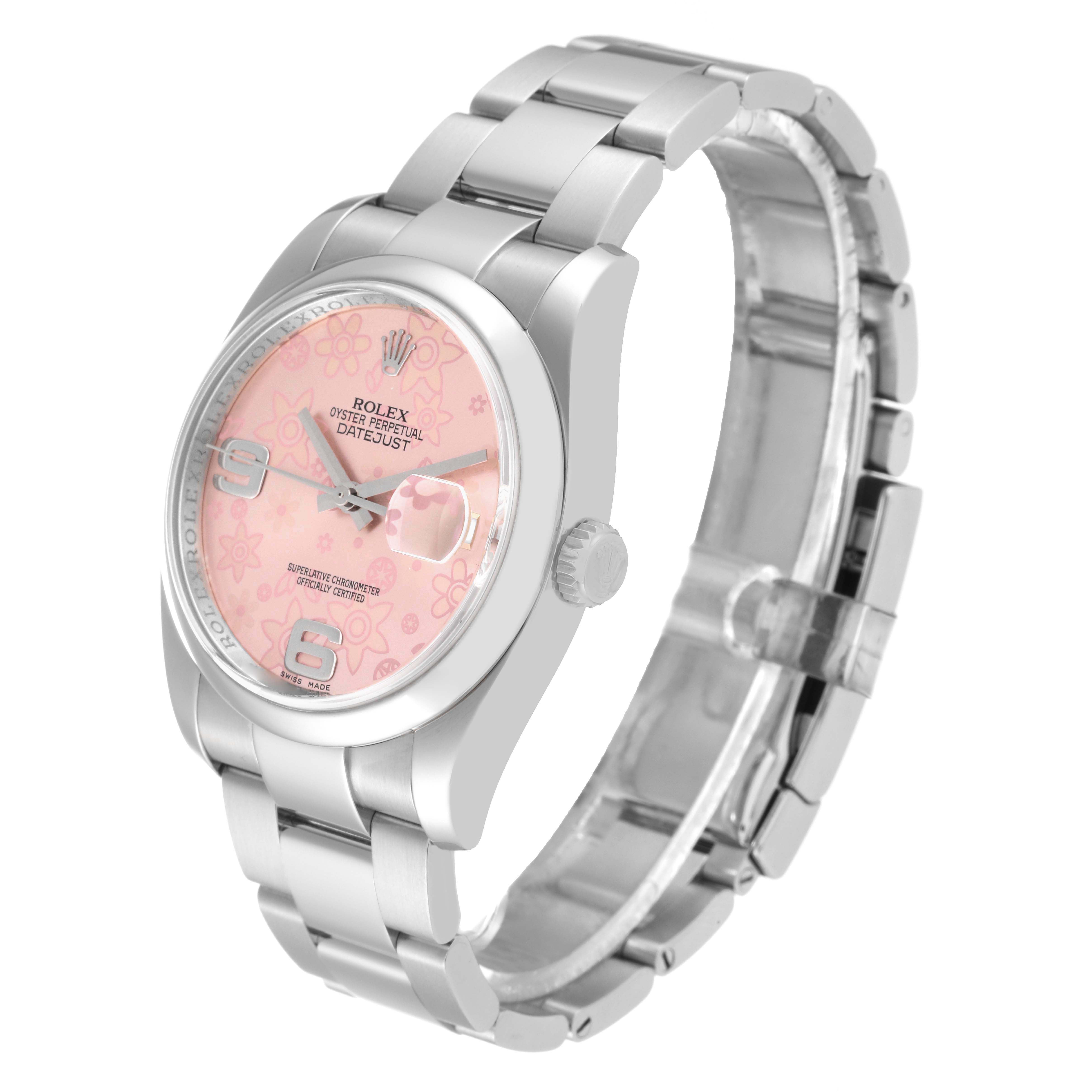 This Rolex Datejust 116200 Men's Stainless Steel Pink Dial 116200 Men's Stainless Steel Pink Dial watch is shown at a slight angle, highlighting the pink dial, bezel, crown, and metal bracelet.