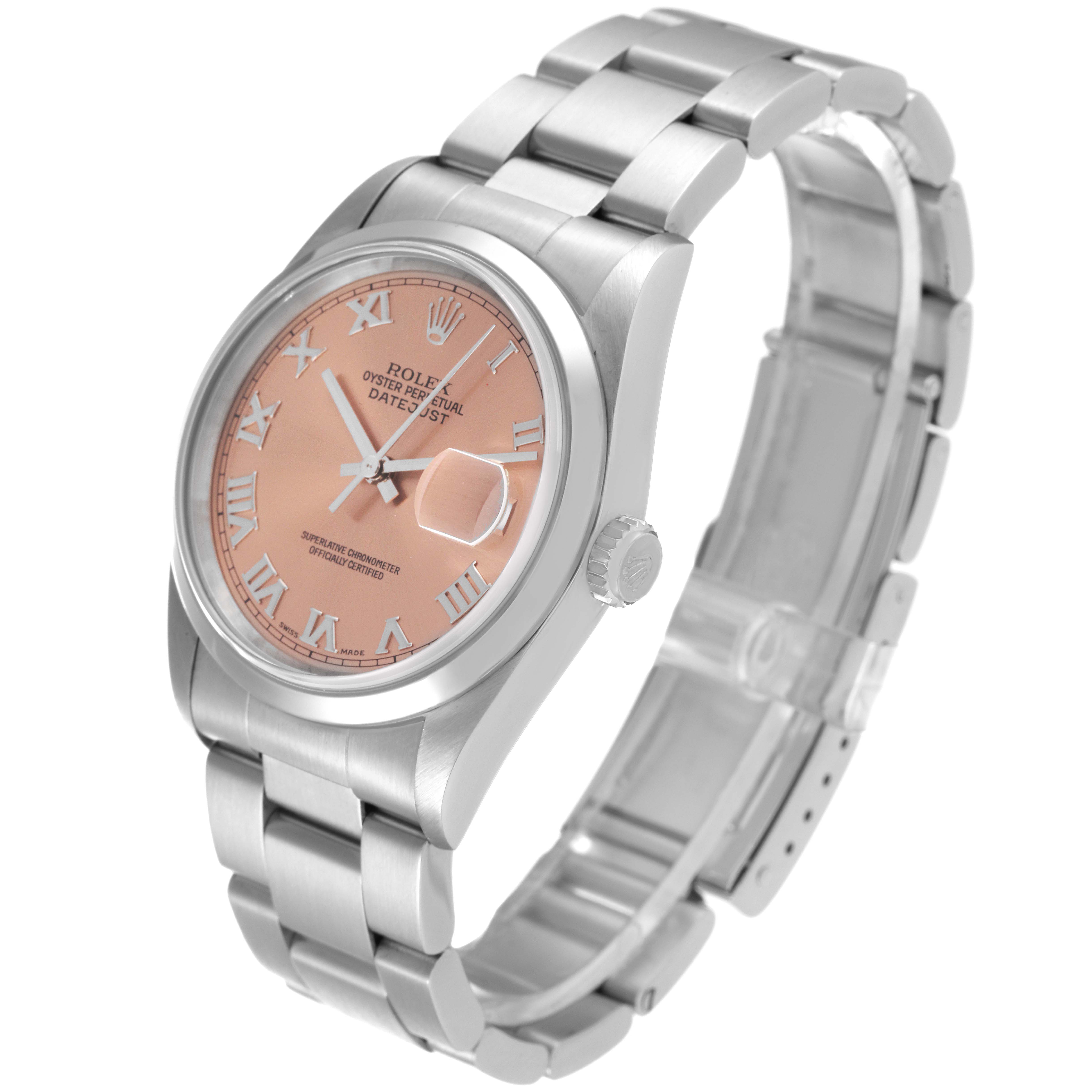 This image shows a Rolex Datejust 16200 Men's Stainless Steel Pink Dial 16200 Men's Stainless Steel Pink Dial watch at a three-quarter angle, highlighting its dial, bracelet, and clasp.