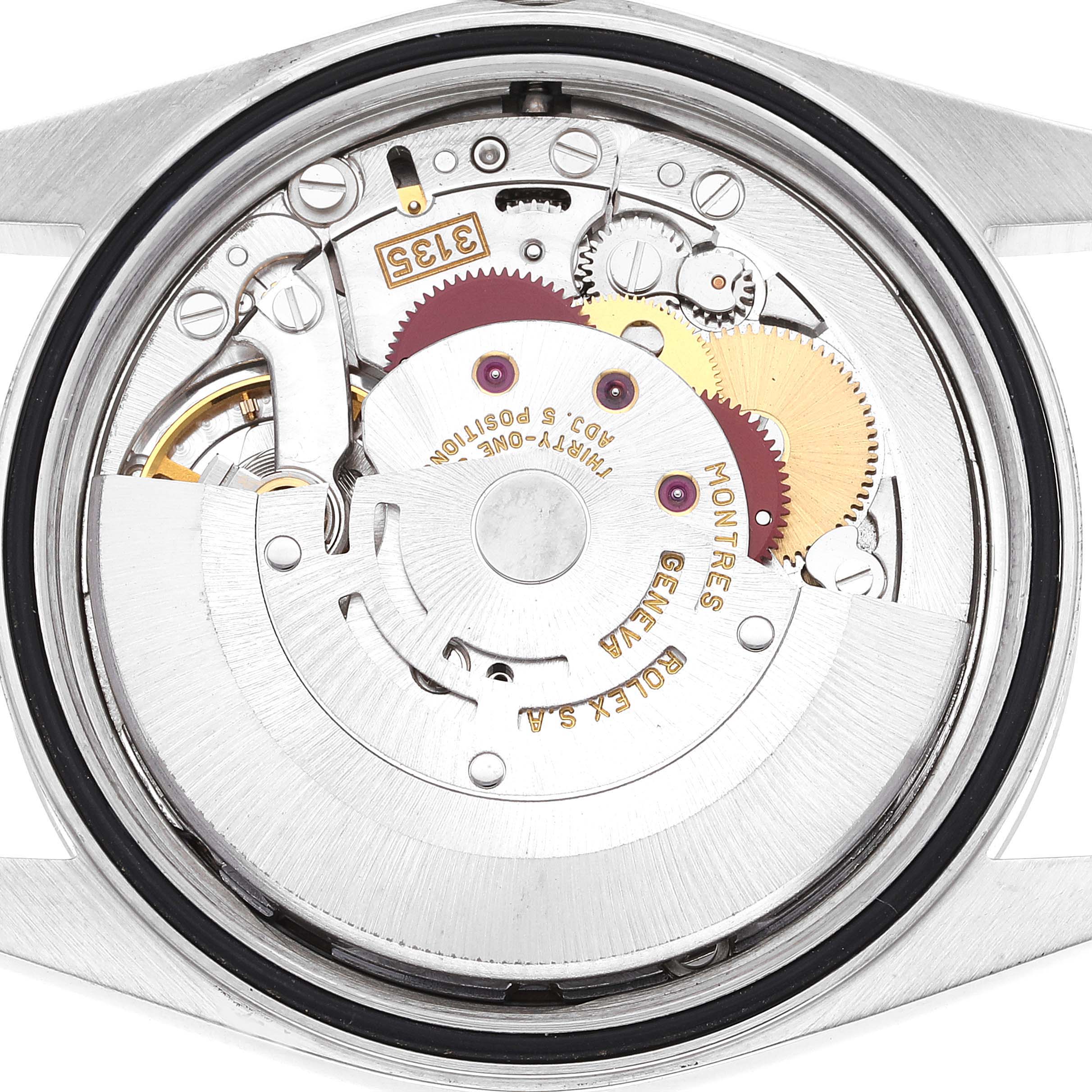 The image shows the movement mechanism of a Rolex Datejust 16200 Men's Stainless Steel Pink Dial 16200 Men's Stainless Steel Pink Dial watch viewed from the case back.