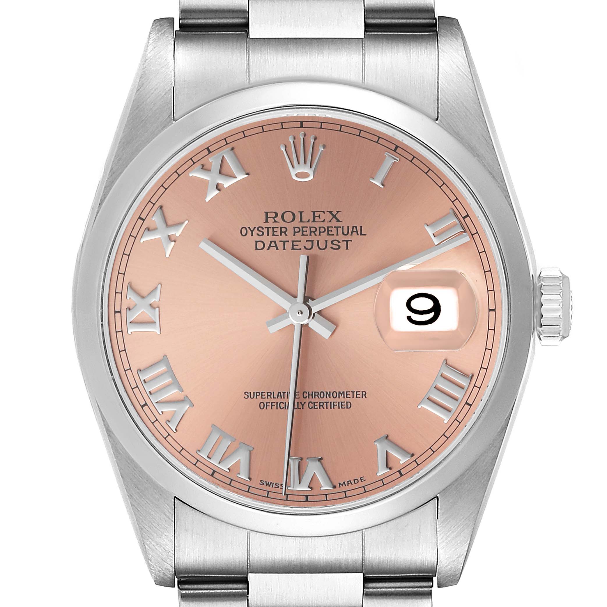 This image shows a front view of the Rolex Datejust 16200 Men's Stainless Steel Pink Dial 16200 Men's Stainless Steel Pink Dial watch, highlighting the pink dial, Roman numerals, and date window.