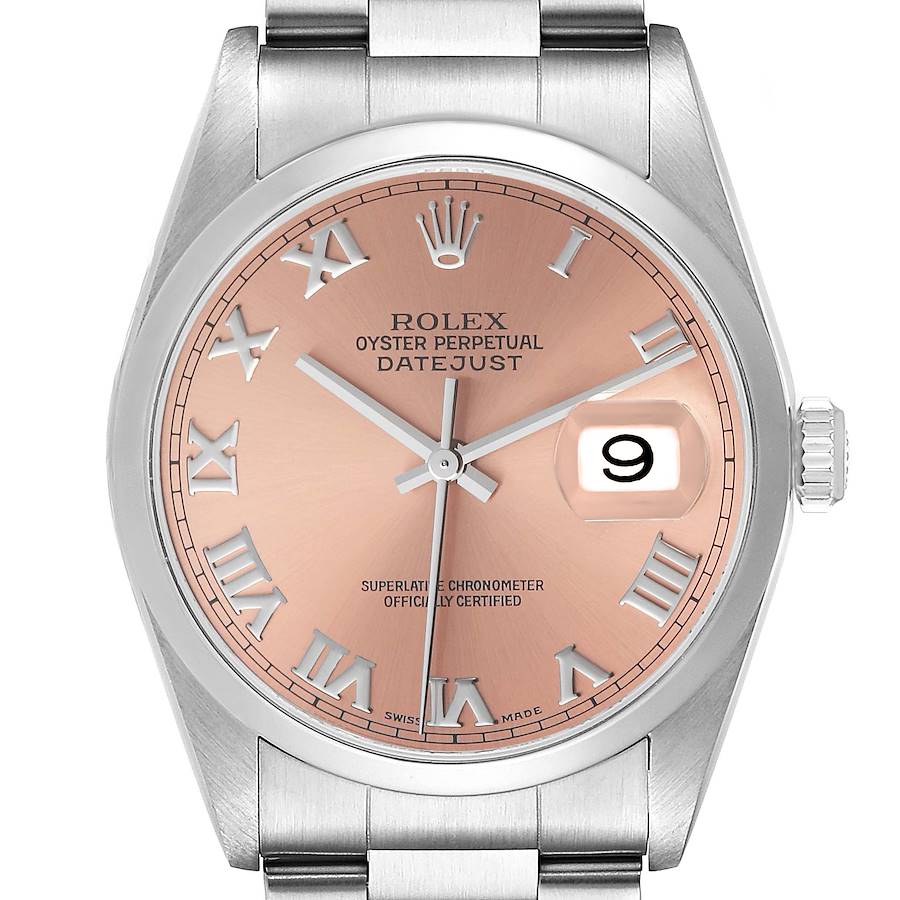 Rolex Datejust 36 Salmon Roman Dial Smooth Bezel Steel Watch 16200 Box Papers SwissWatchExpo