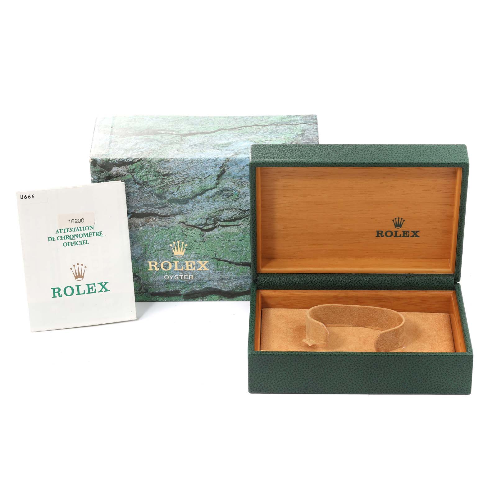 The image shows an open green Rolex Datejust 16200 Men's Stainless Steel Pink Dial 16200 Men's Stainless Steel Pink Dial box, an outer box, and the Official Chronometer Certification document.