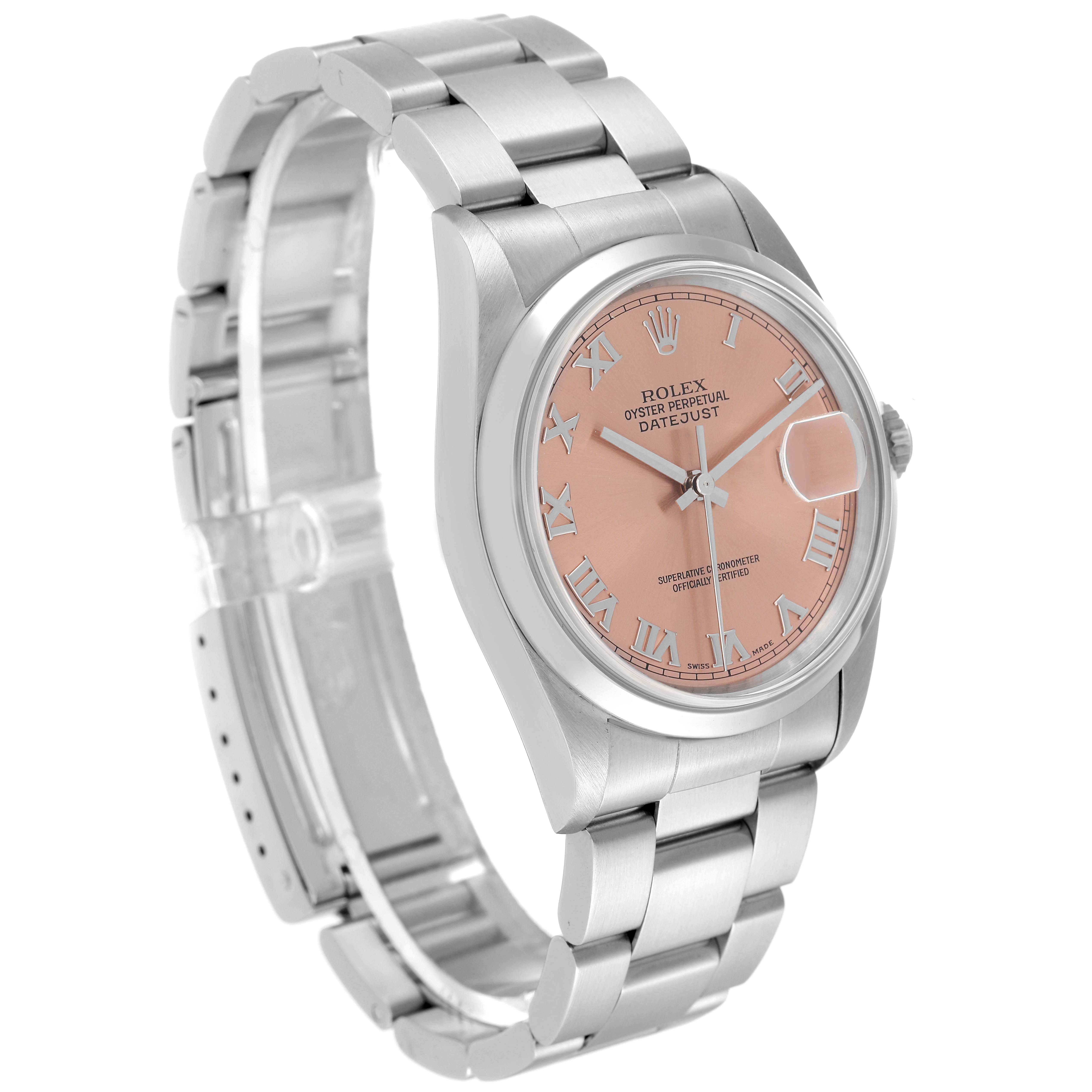 This image shows a Rolex Datejust 16200 Men's Stainless Steel Pink Dial 16200 Men's Stainless Steel Pink Dial watch at a three-quarter angle, highlighting its bracelet, case, and pink dial with Roman numerals.