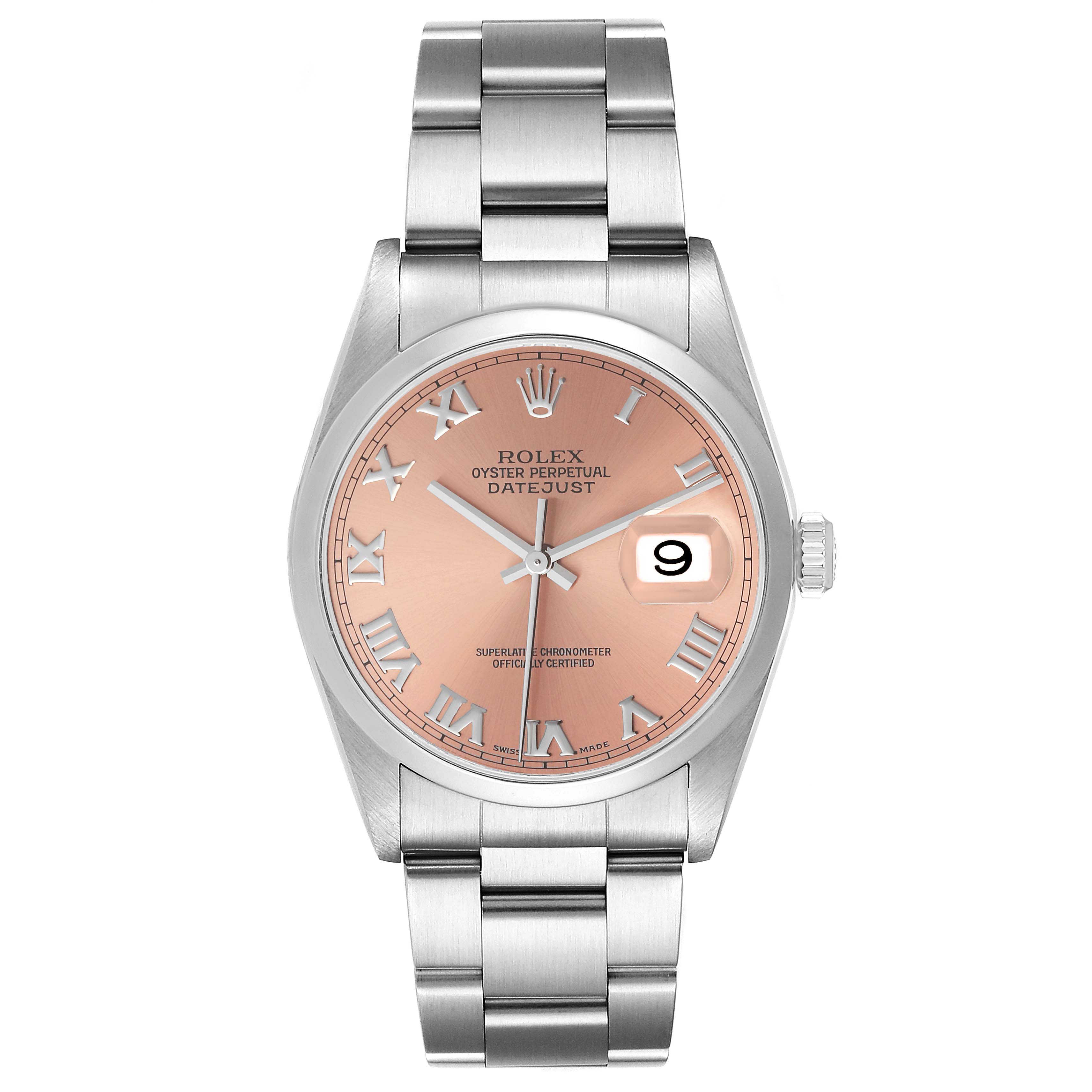 The image shows a frontal view of a Rolex Datejust 16200 Men's Stainless Steel Pink Dial 16200 Men's Stainless Steel Pink Dial watch, displaying the dial, hands, bracelet, and date window.