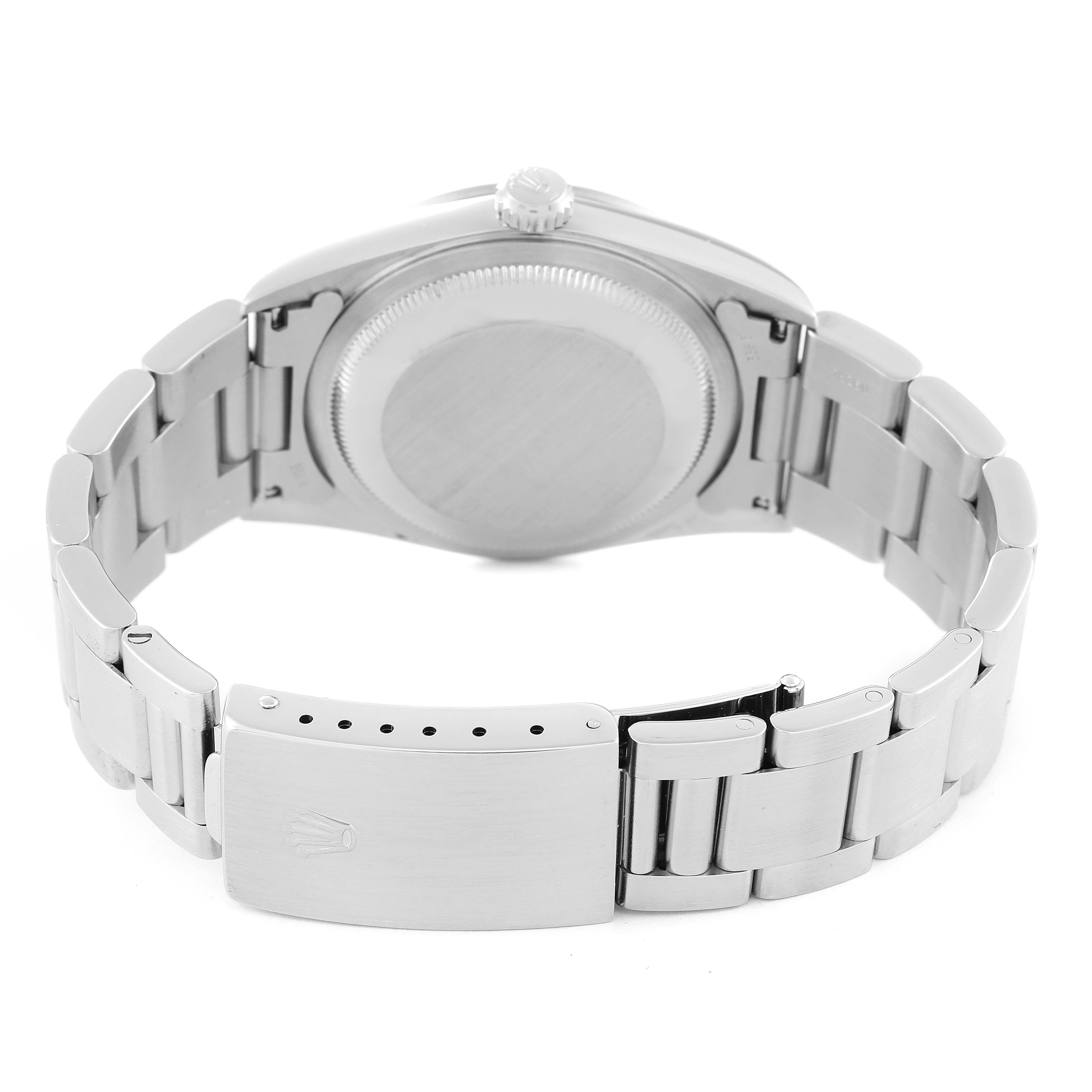 This Rolex Datejust 16200 Men's Stainless Steel Pink Dial 16200 Men's Stainless Steel Pink Dial watch is shown from the back, highlighting its closed case back and partially opened bracelet clasp.