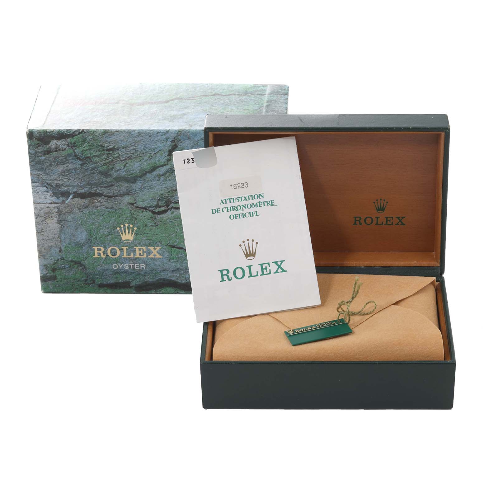 This image shows the packaging, inner box, and documentation for a Rolex Datejust 16233 Men's Steel and Gold (two tone) Champagne Dial 16233 Men's Steel and Gold (two tone) Champagne Dial watch.