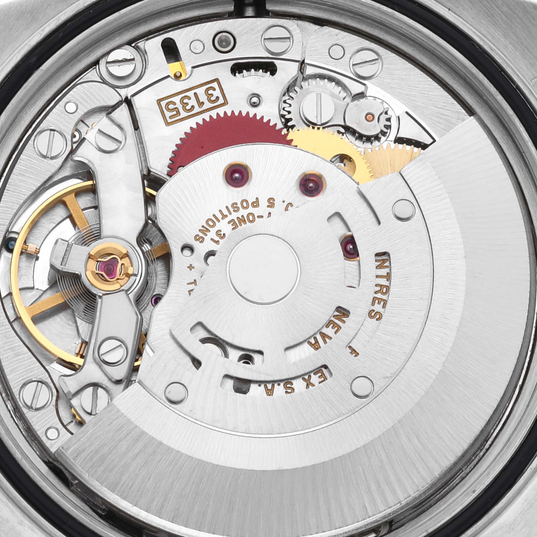 The image displays the intricate movement mechanism of a Rolex Datejust 16233 Men's Steel and Gold (two tone) Champagne Dial 16233 Men's Steel and Gold (two tone) Champagne Dial watch from a close-up, top-down angle.