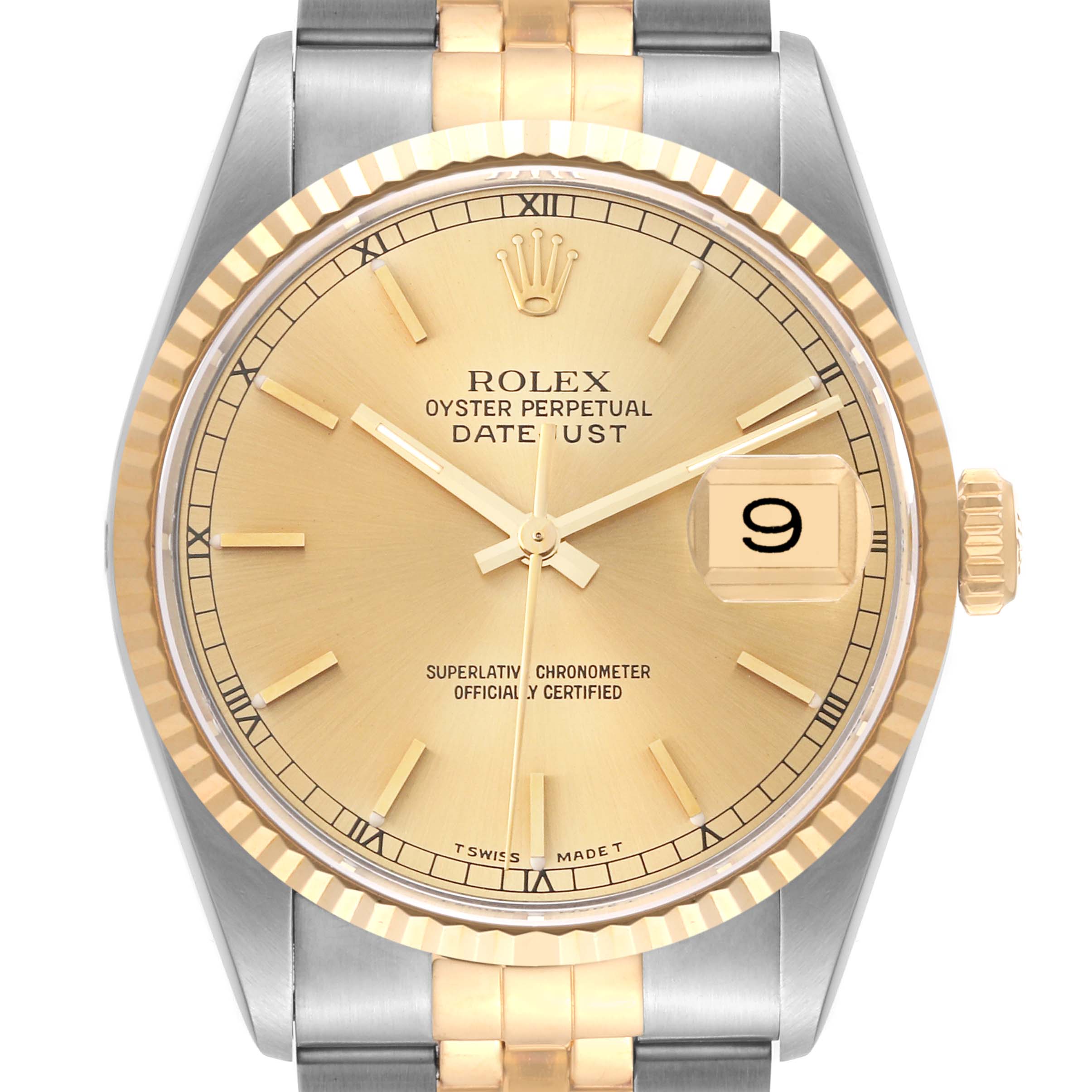 The image shows a front view of a Rolex Datejust 16233 Men's Steel and Gold (two tone) Champagne Dial 16233 Men's Steel and Gold (two tone) Champagne Dial watch, highlighting the dial, hands, date window, and part of the bracelet.