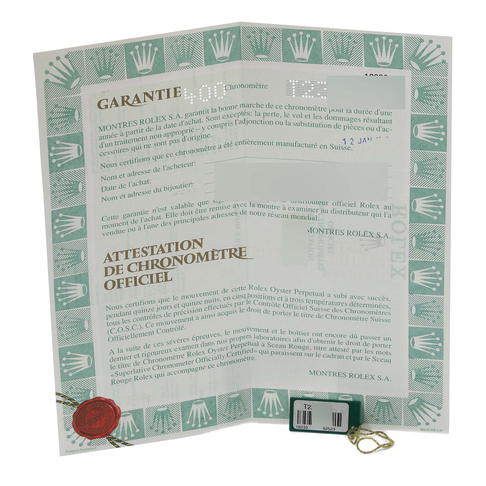 The image shows the warranty and official chronometer certification papers for a Rolex Datejust 16233 Men's Steel and Gold (two tone) Champagne Dial 16233 Men's Steel and Gold (two tone) Champagne Dial watch.