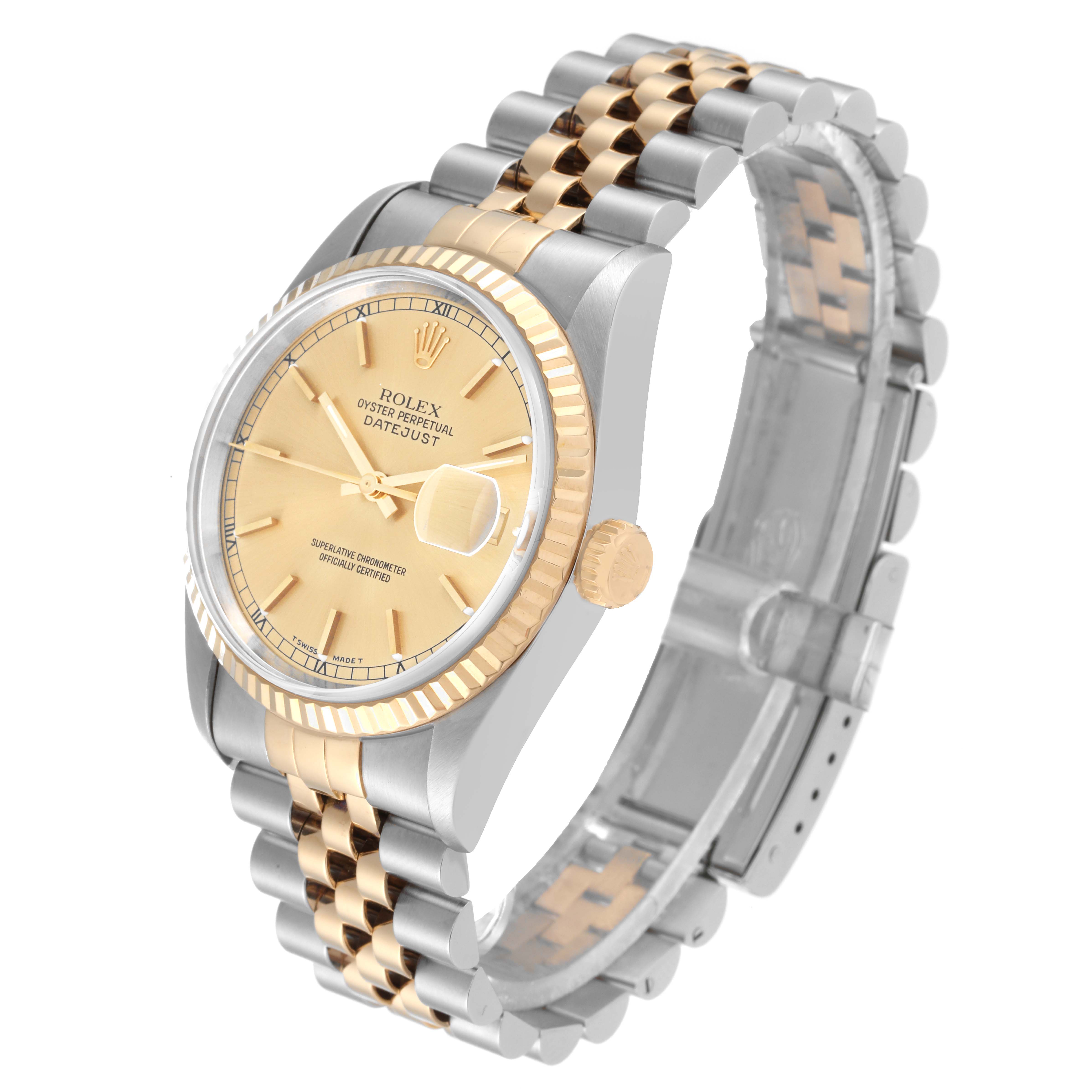 The image shows the Rolex Datejust 16233 Men's Steel and Gold (two tone) Champagne Dial 16233 Men's Steel and Gold (two tone) Champagne Dial watch from an angled view, featuring its gold dial, fluted bezel, and Jubilee bracelet.