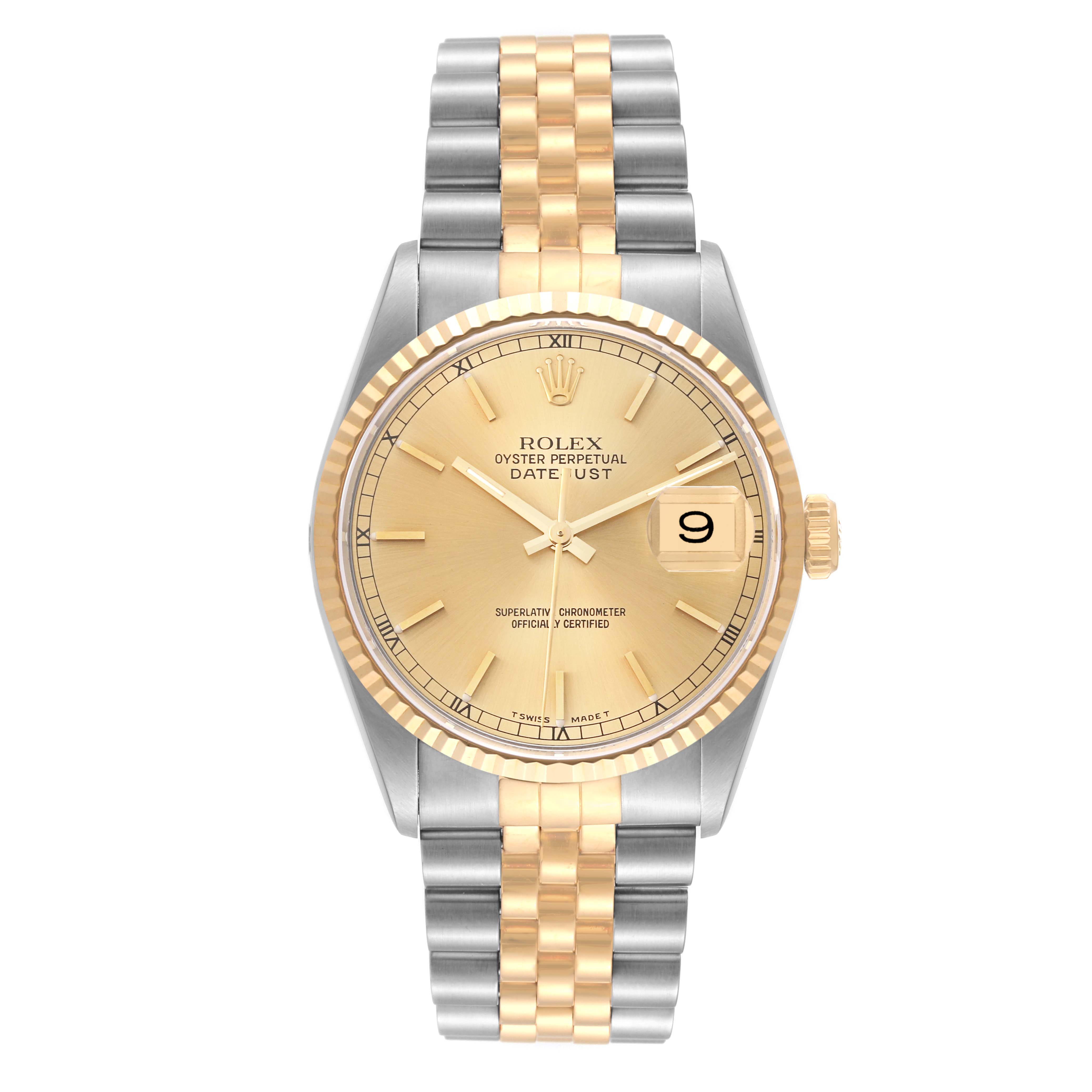 The image shows a front view of a Rolex Datejust 16233 Men's Steel and Gold (two tone) Champagne Dial 16233 Men's Steel and Gold (two tone) Champagne Dial watch, highlighting the dial, bezel, and two-tone bracelet.