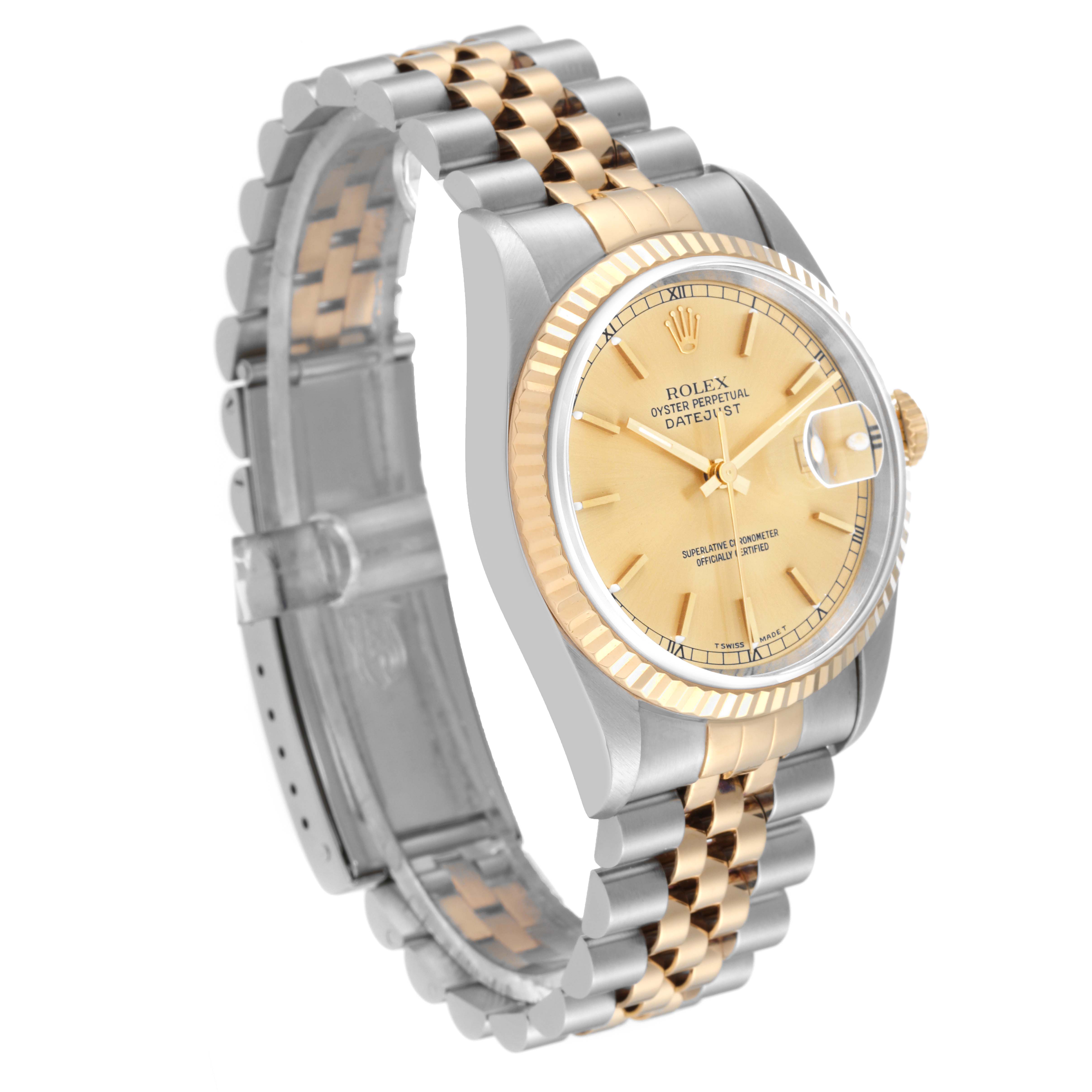 The image shows a side angle of the Rolex Datejust 16233 Men's Steel and Gold (two tone) Champagne Dial 16233 Men's Steel and Gold (two tone) Champagne Dial watch, highlighting its gold dial, fluted bezel, and two-tone Jubilee bracelet.