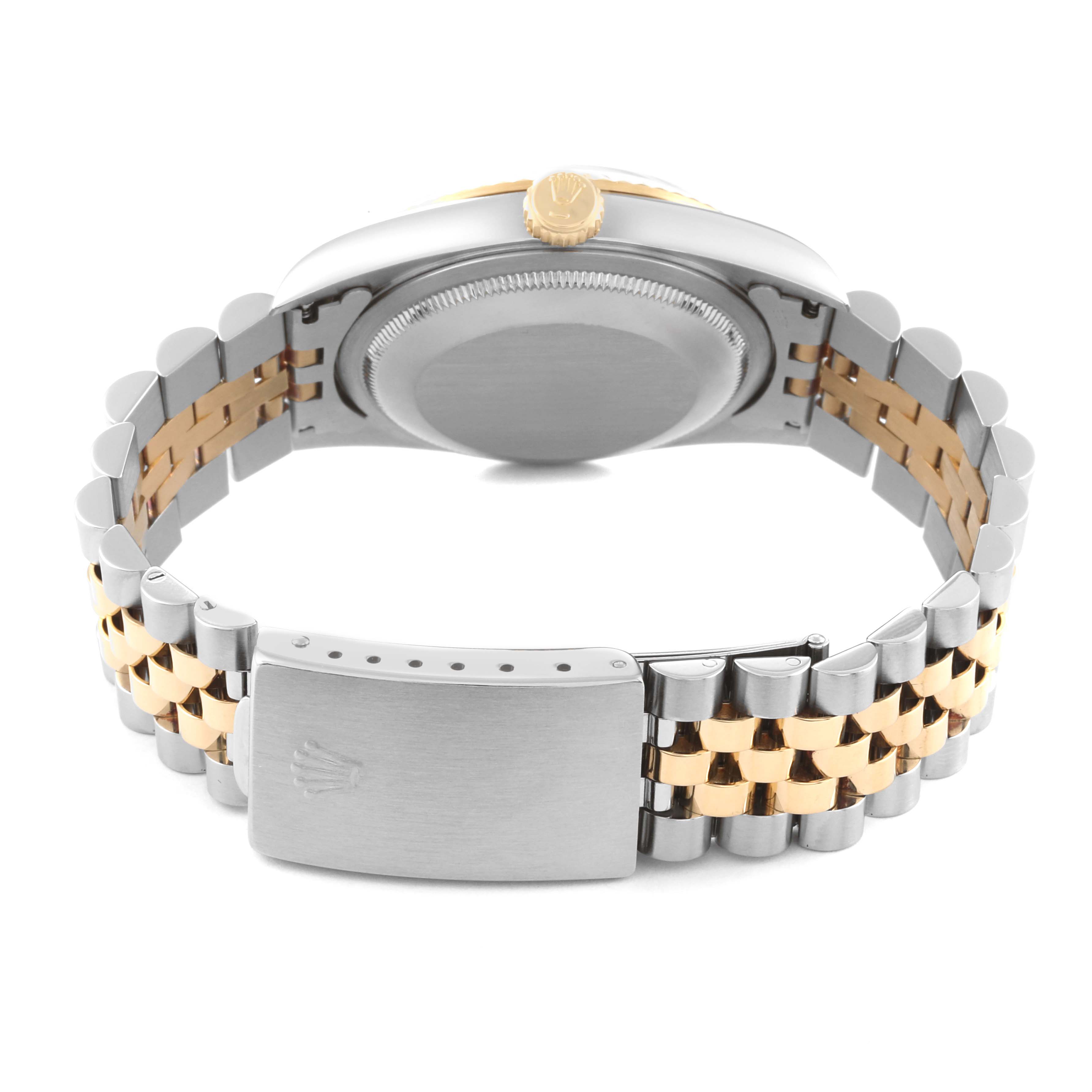 This image shows the back and side view of a Rolex Datejust 16233 Men's Steel and Gold (two tone) Champagne Dial 16233 Men's Steel and Gold (two tone) Champagne Dial watch, highlighting the case back and two-tone Jubilee bracelet.