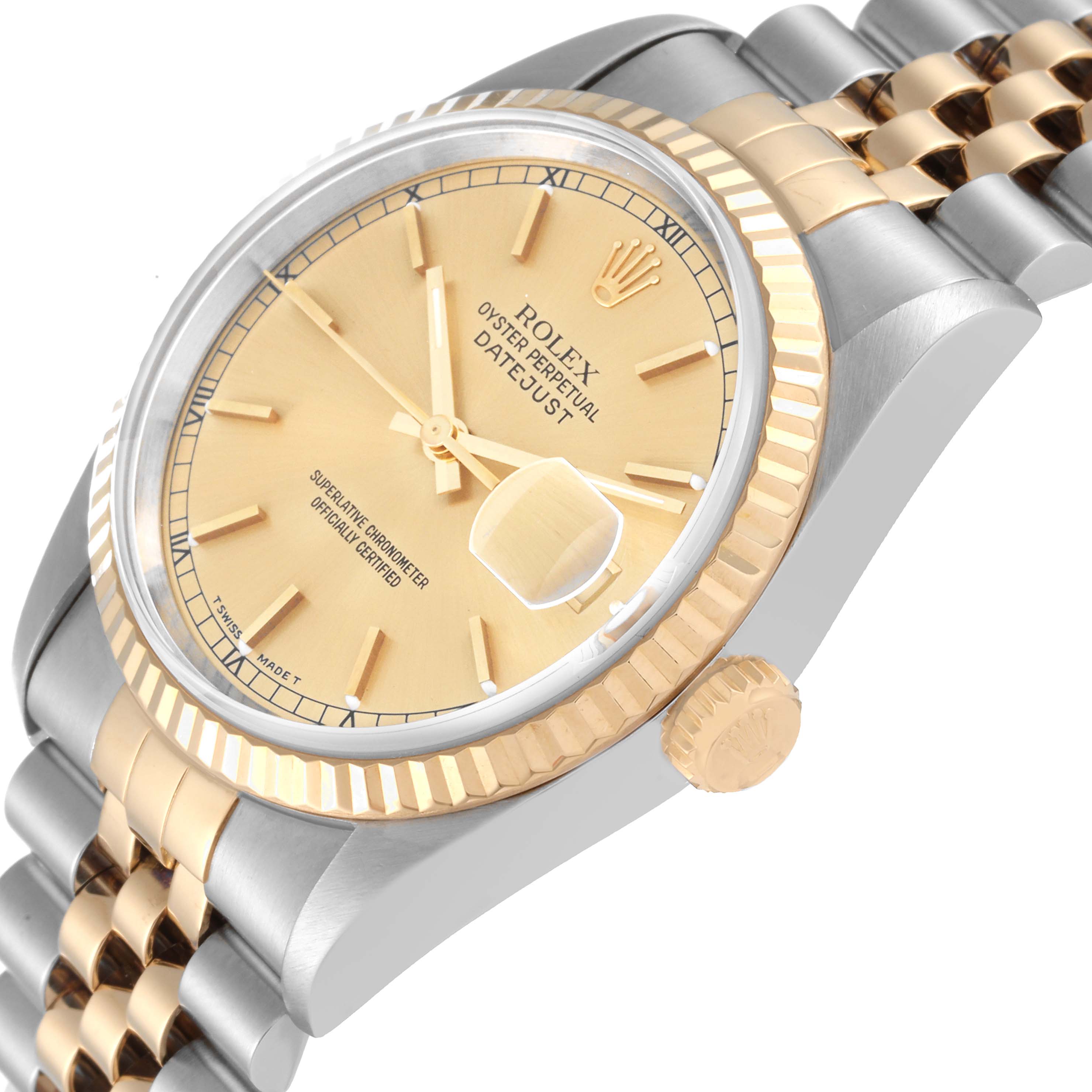 The image shows a Rolex Datejust 16233 Men's Steel and Gold (two tone) Champagne Dial 16233 Men's Steel and Gold (two tone) Champagne Dial watch at an angle revealing the dial, bezel, crown, and part of the jubilee bracelet.