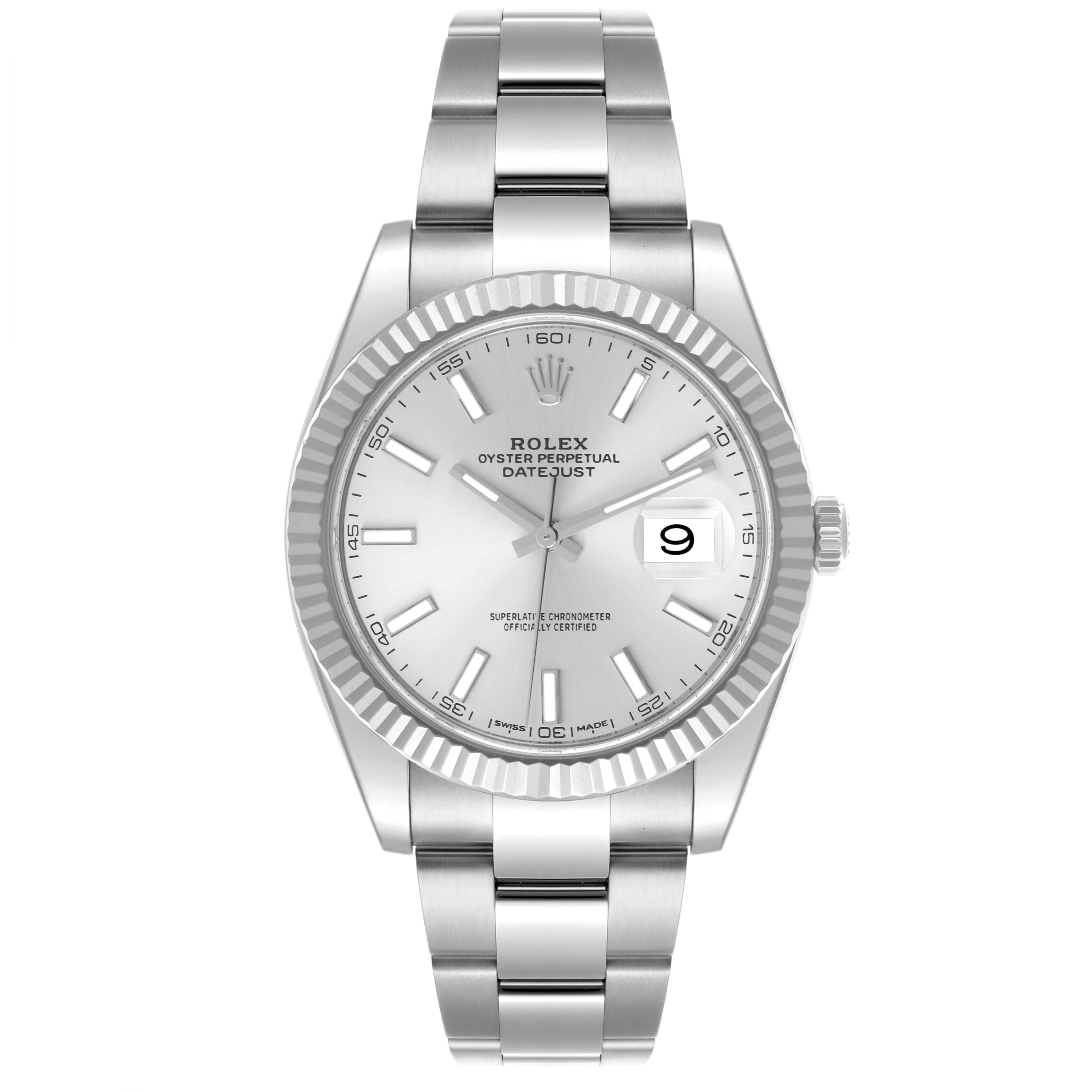 The Rolex Datejust 41 126334 Men
s Stainless Steel Silver Dial 126334 Men
s Stainless Steel Silver Dial is shown from the front, displaying the dial, fluted bezel, bracelet, and crown.