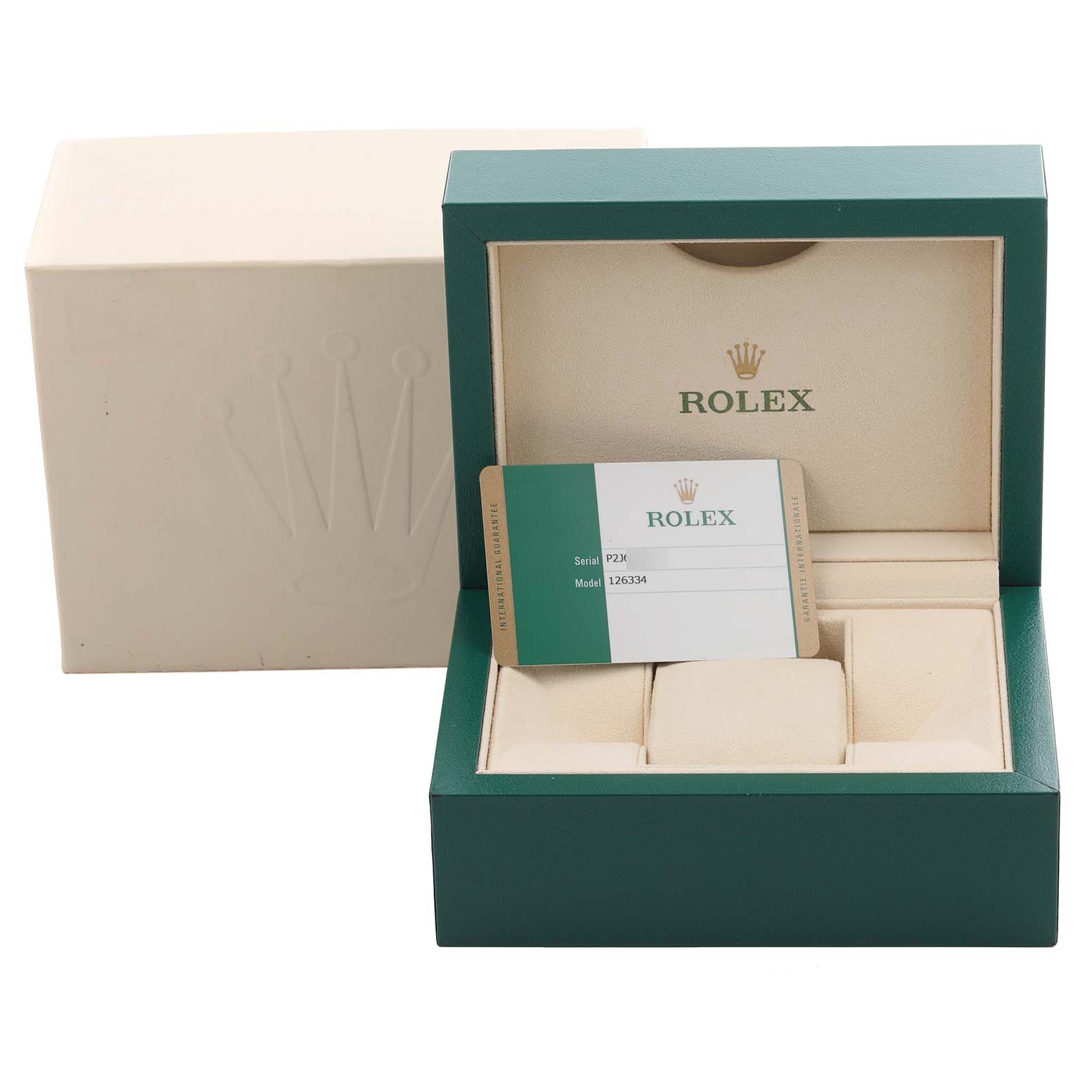 The image shows a Rolex Datejust 41 126334 Men
s Stainless Steel Silver Dial 126334 Men
s Stainless Steel Silver Dial box with papers displayed inside, shot from the front angle.