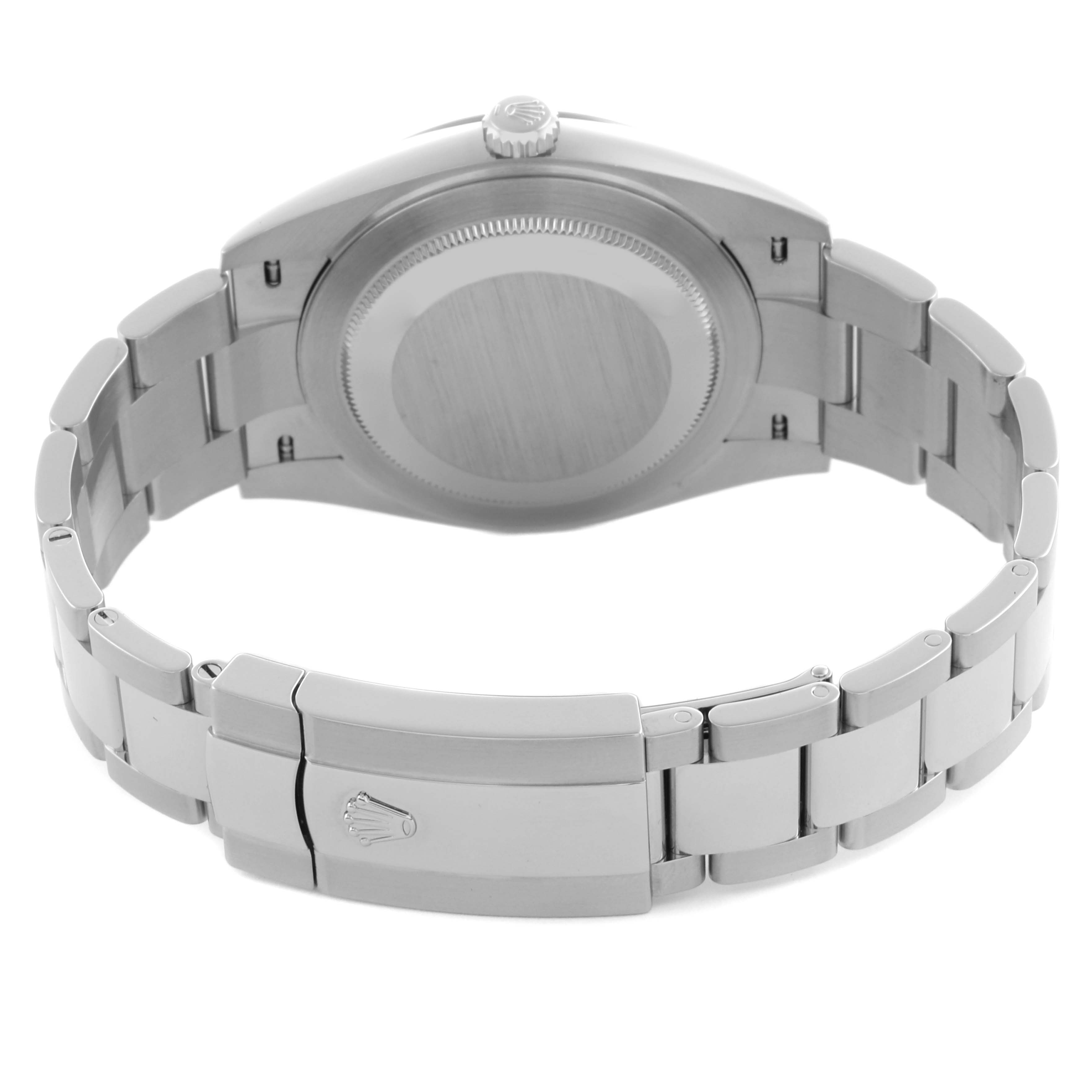 The image shows the backside of a Rolex Datejust 41 126334 Men
s Stainless Steel Silver Dial 126334 Men
s Stainless Steel Silver Dial, focusing on the case back and bracelet clasp.