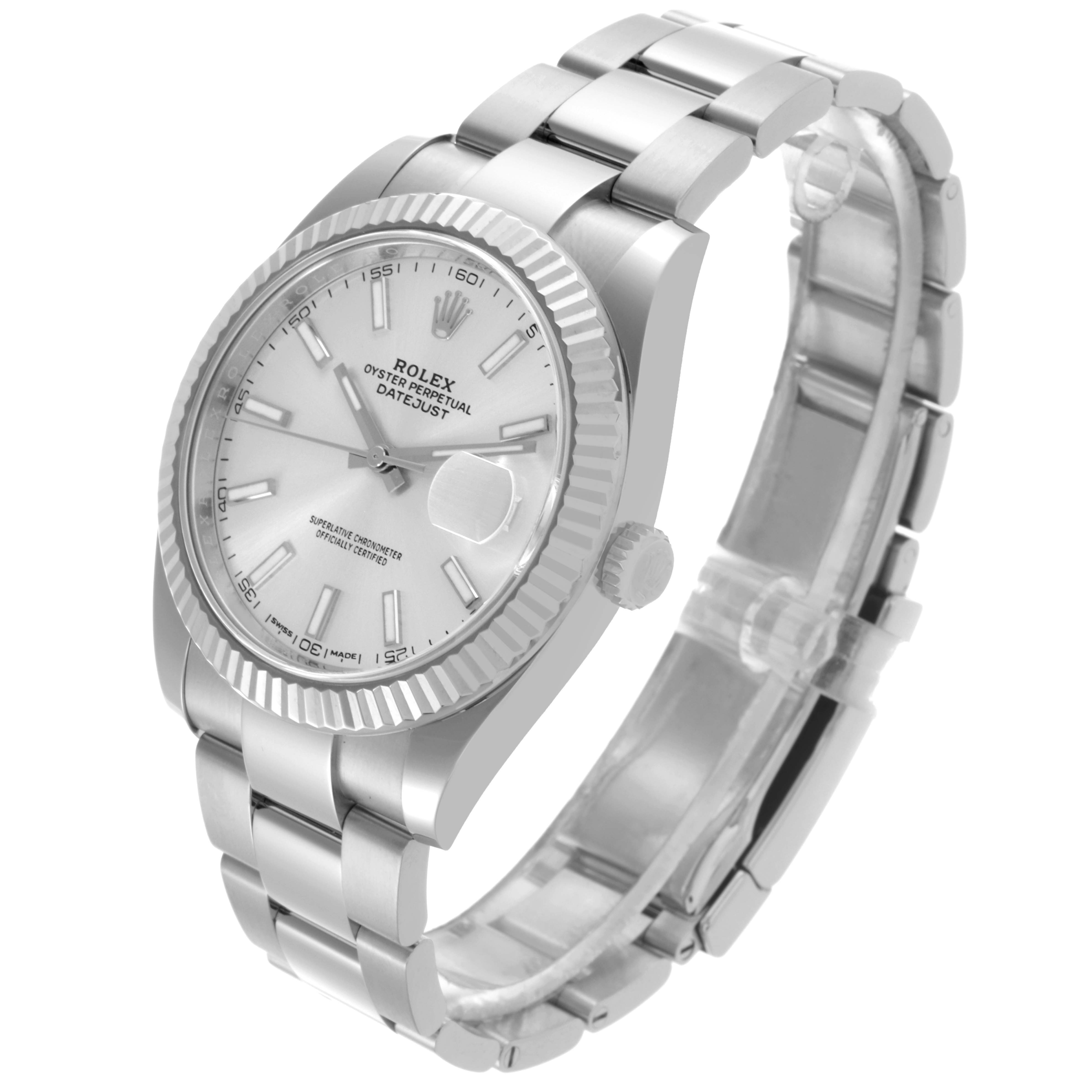 The Rolex Datejust 41 126334 Men
s Stainless Steel Silver Dial 126334 Men
s Stainless Steel Silver Dial is shown at an angled top-side view, displaying the dial, bezel, case, crown, and bracelet.