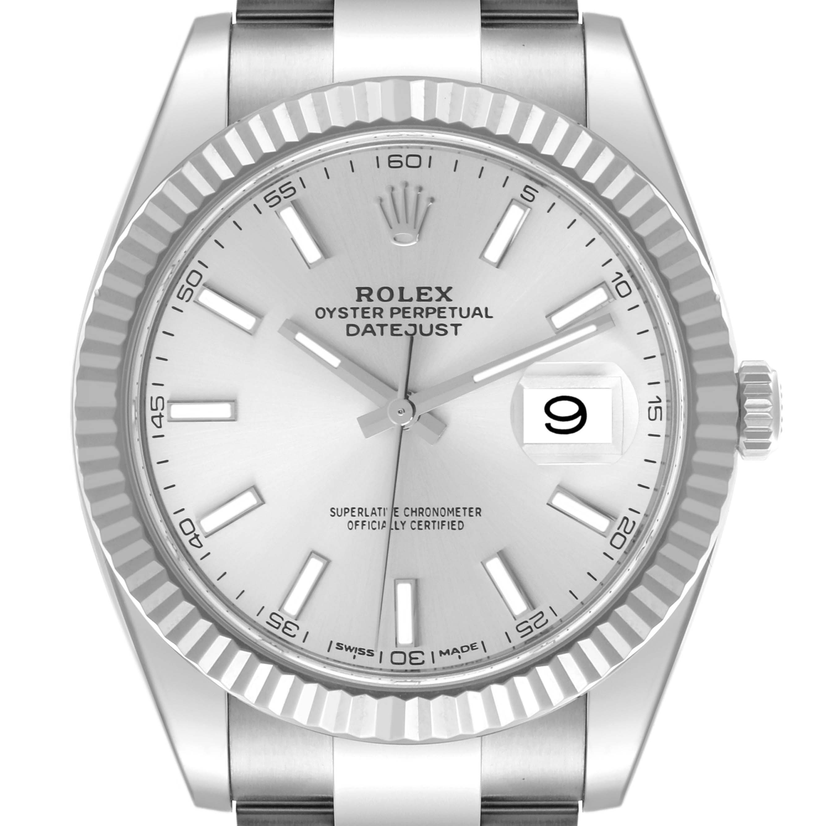 The Rolex Datejust 41 126334 Men
s Stainless Steel Silver Dial 126334 Men
s Stainless Steel Silver Dial is shown from a front angle, displaying the dial, hands, markers, bezel, and date window.
