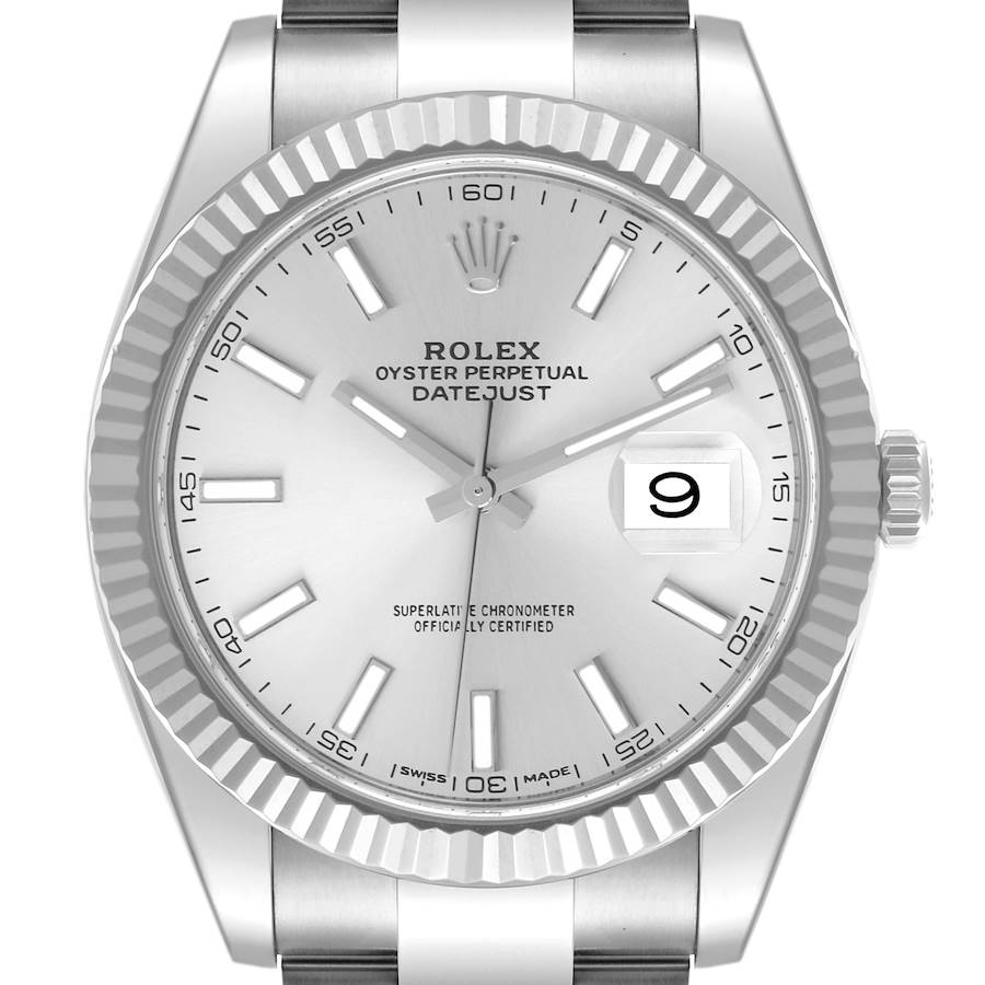 The Rolex Datejust 41 is shown from a front angle, displaying the dial, hands, markers, bezel, and date window.