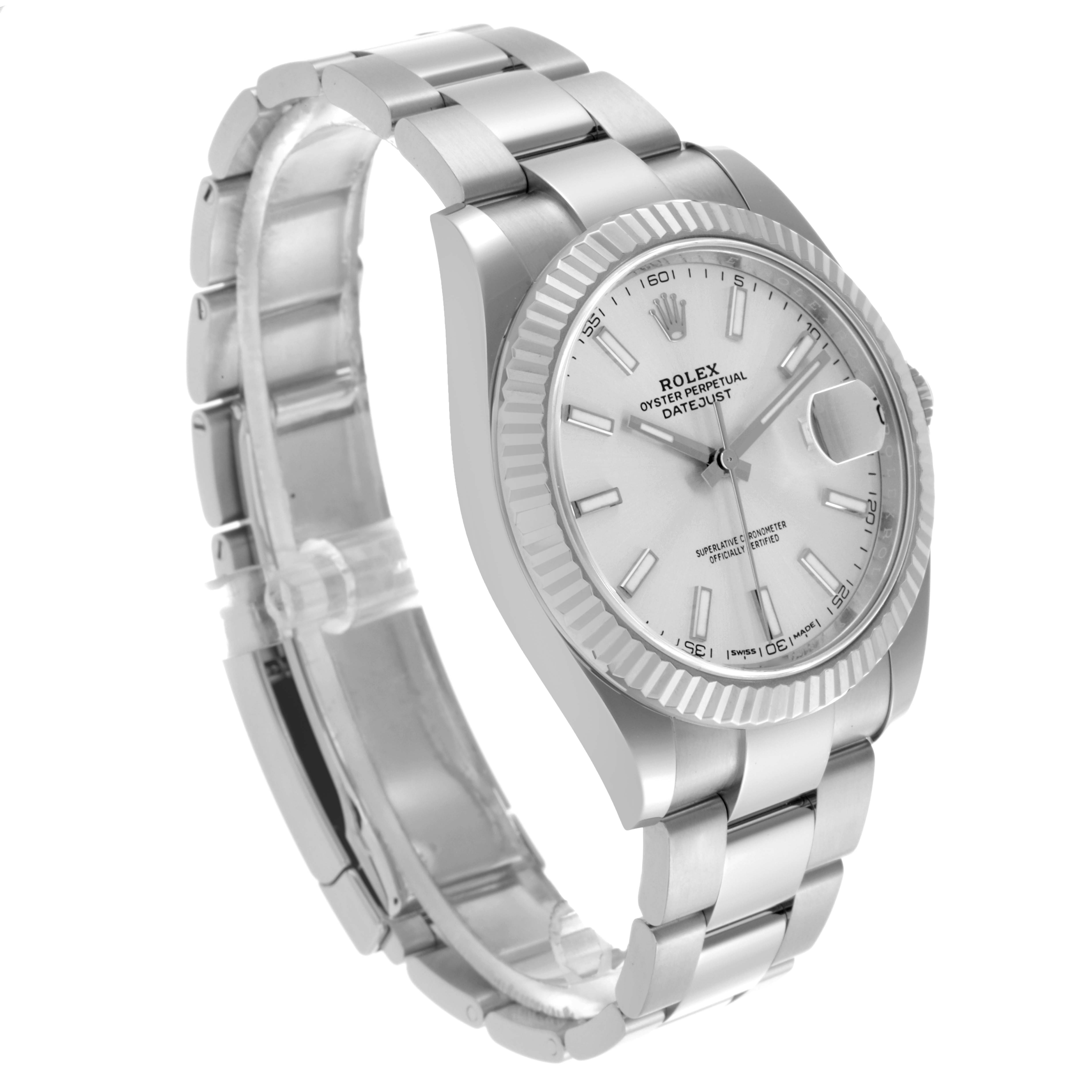 The Rolex Datejust 41 126334 Men
s Stainless Steel Silver Dial 126334 Men
s Stainless Steel Silver Dial is shown at a three-quarter angle, highlighting the bezel, dial, and bracelet.