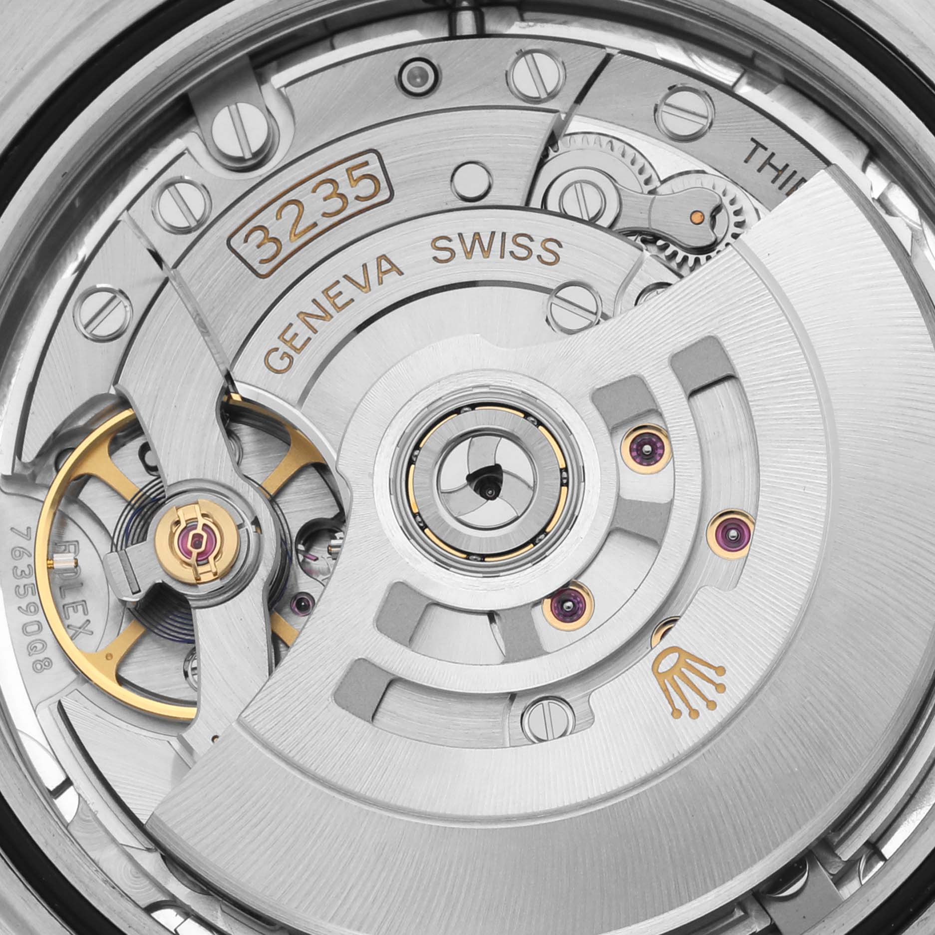 The image shows a close-up of the Rolex Datejust 41 126334 Men
s Stainless Steel Silver Dial 126334 Men
s Stainless Steel Silver Dial
s movement, highlighting its intricate gears and rotor.