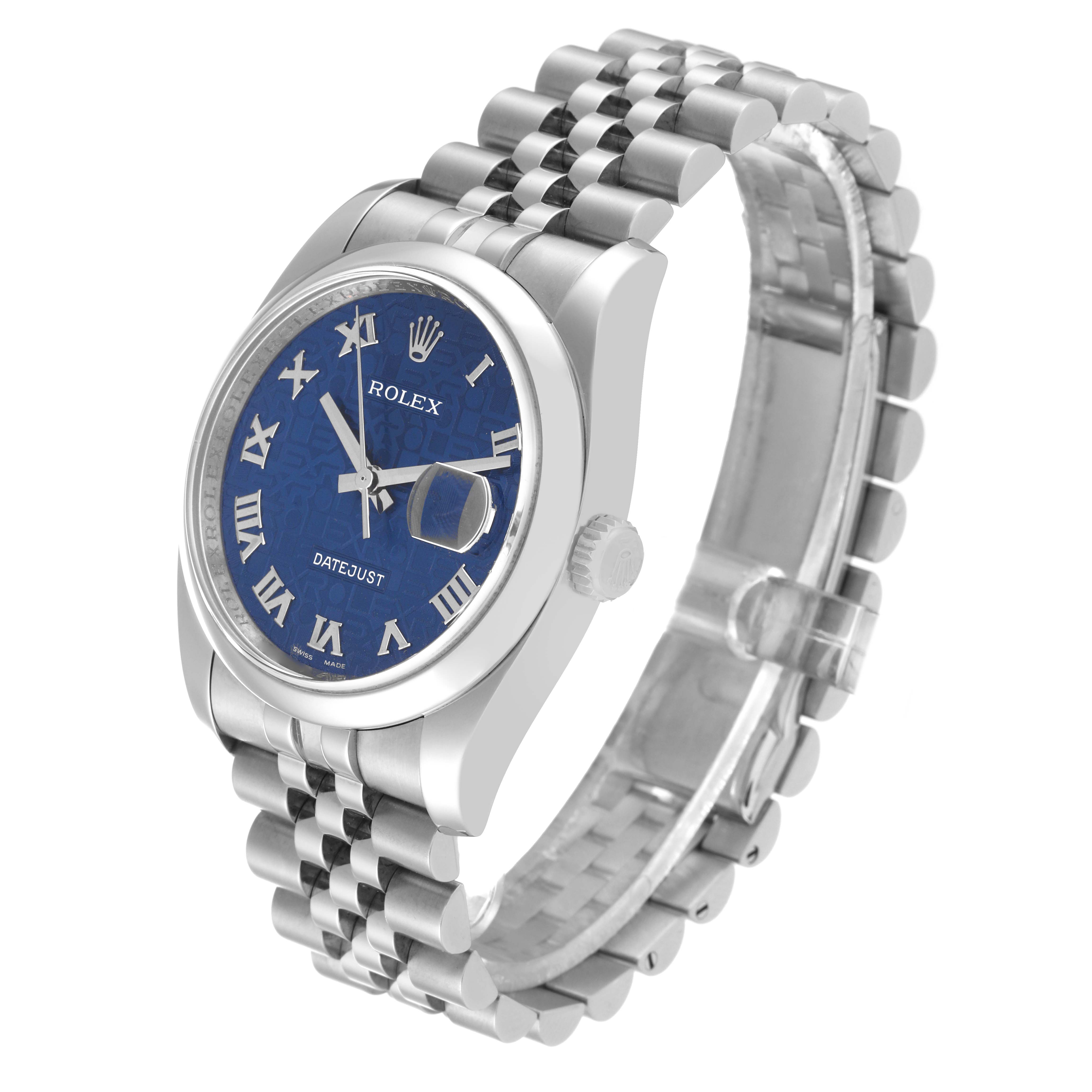 The Rolex Datejust 116200 Men's Stainless Steel Blue Dial 116200 Men's Stainless Steel Blue Dial model is shown from an angled side view, highlighting the blue dial, Roman numerals, and jubilee bracelet.