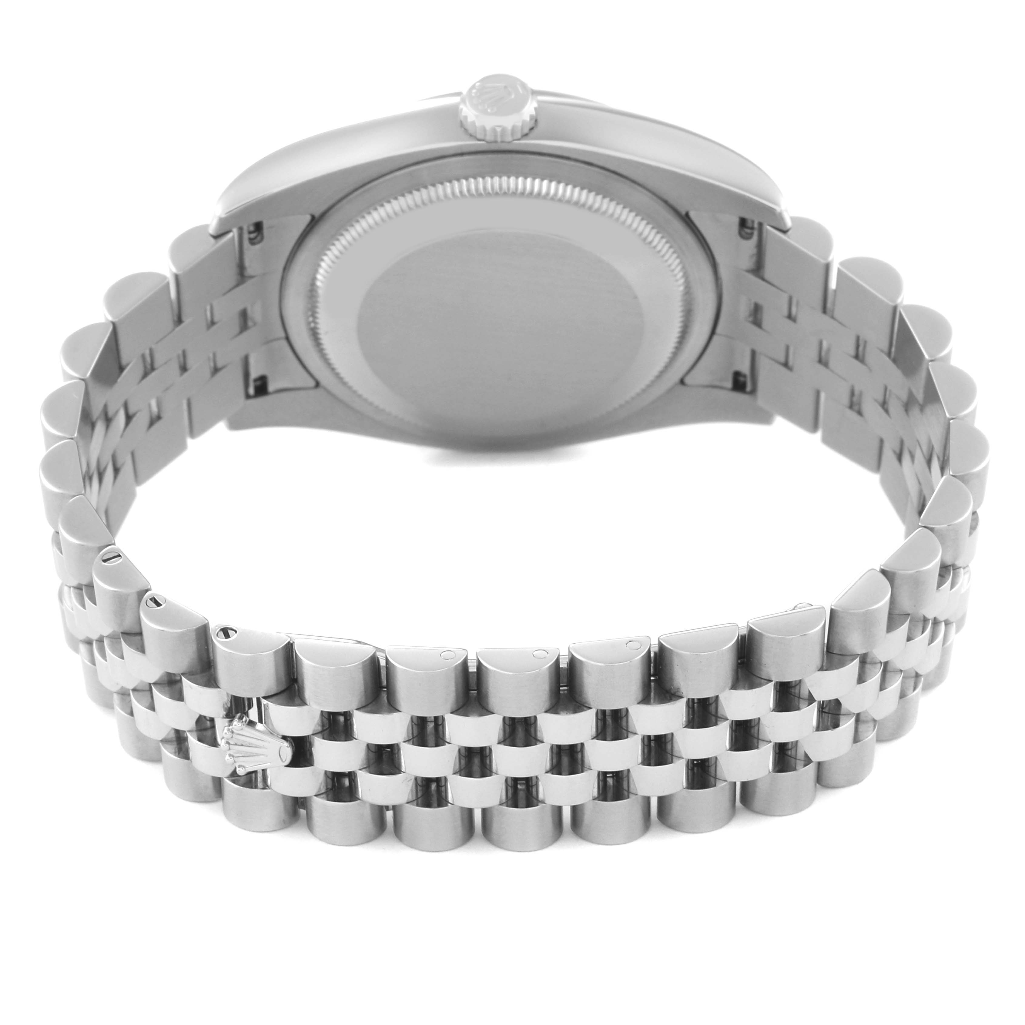 This image shows the back of a Rolex Datejust 116200 Men's Stainless Steel Blue Dial 116200 Men's Stainless Steel Blue Dial watch, focusing on the case back and Jubilee bracelet.