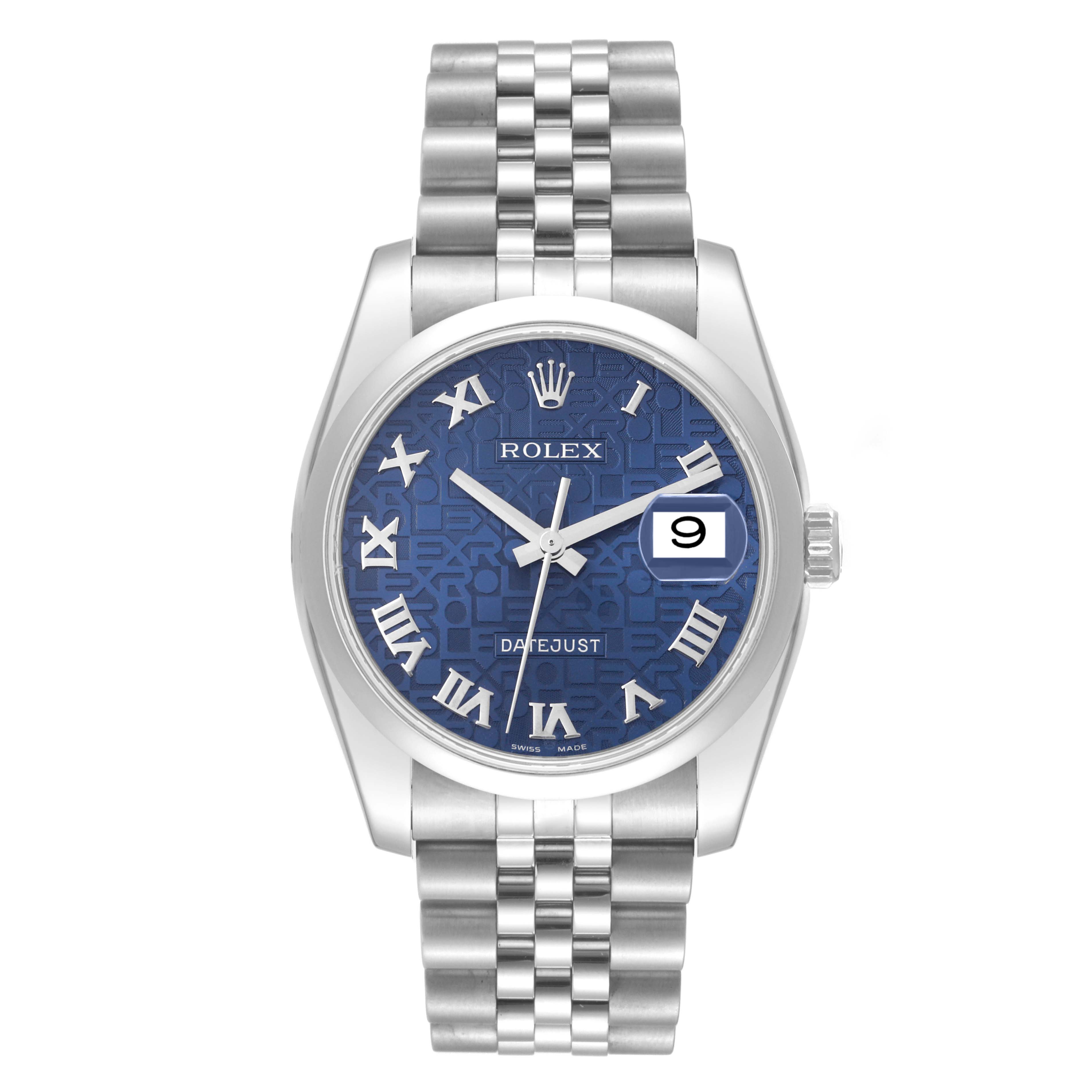 This image shows a Rolex Datejust 116200 Men's Stainless Steel Blue Dial 116200 Men's Stainless Steel Blue Dial watch from the front, featuring a blue dial, Roman numerals, and a stainless steel bracelet.