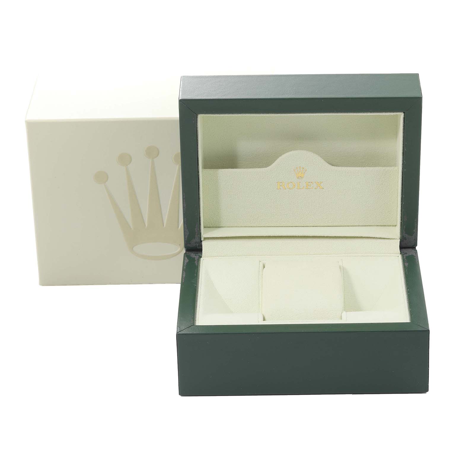 The image shows an open Rolex Datejust 116200 Men's Stainless Steel Blue Dial 116200 Men's Stainless Steel Blue Dial watch box positioned at a slight angle, with an outer box behind it.